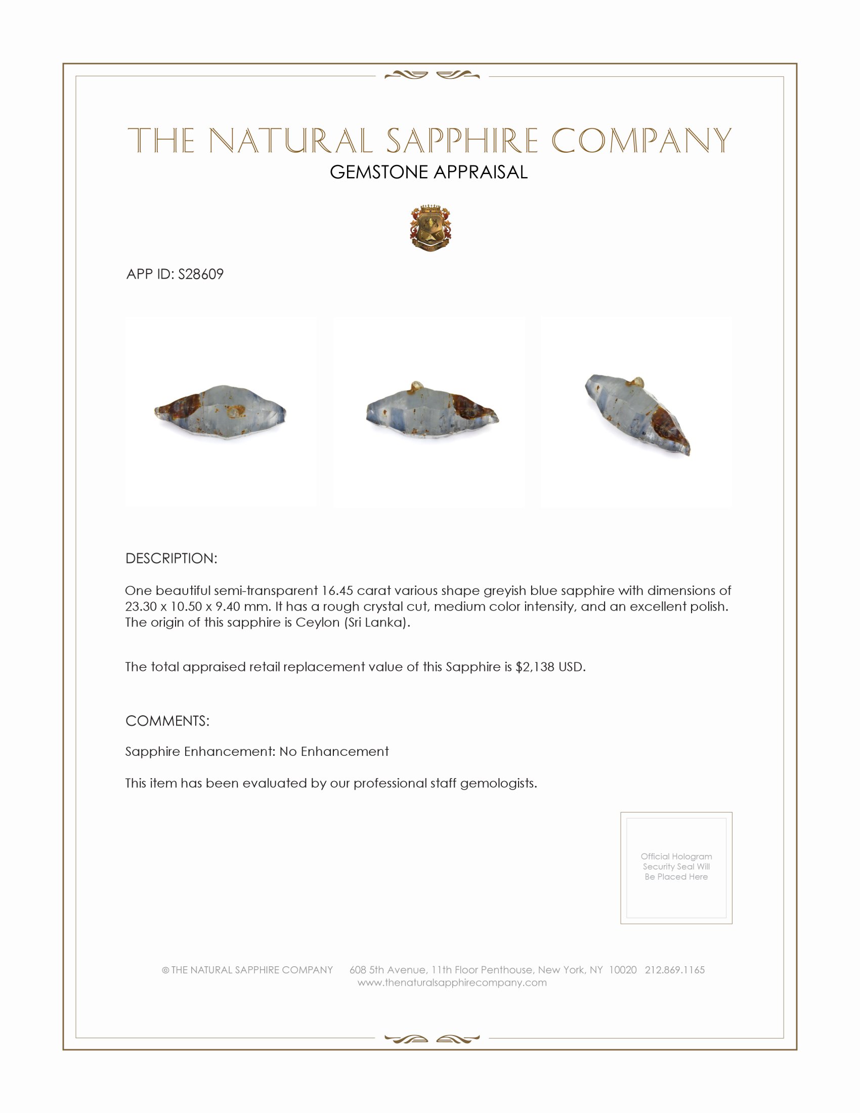 16.45 Ct. Greyish Blue Rough Sapphire from Ceylon (Sri Lanka)