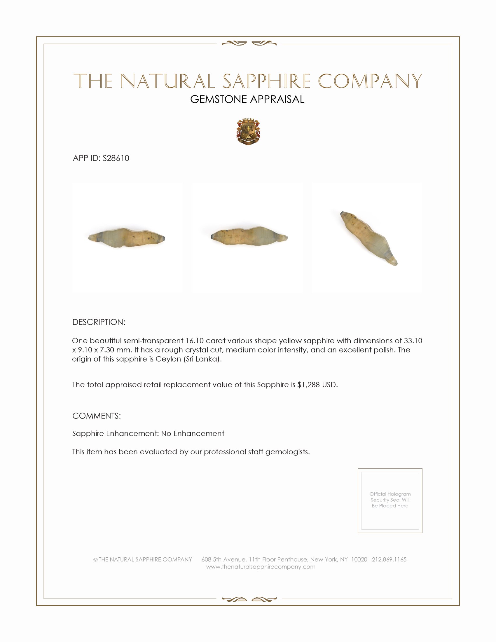 16.10 Ct. Yellow Sapphire Crystal from Ceylon (Sri Lanka)