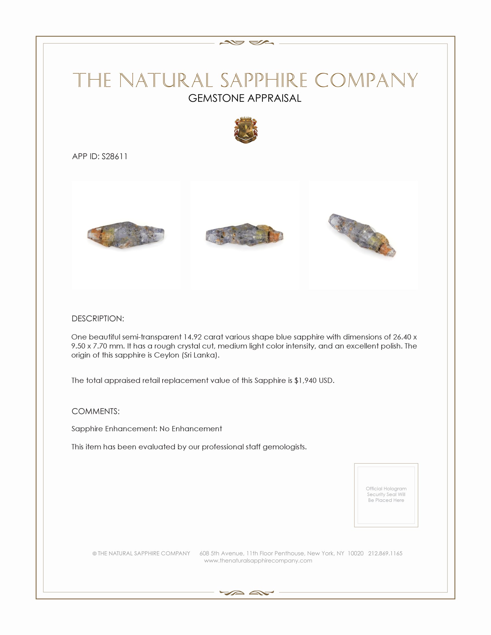 14.92 Ct. Blue Rough Sapphire from Ceylon (Sri Lanka)