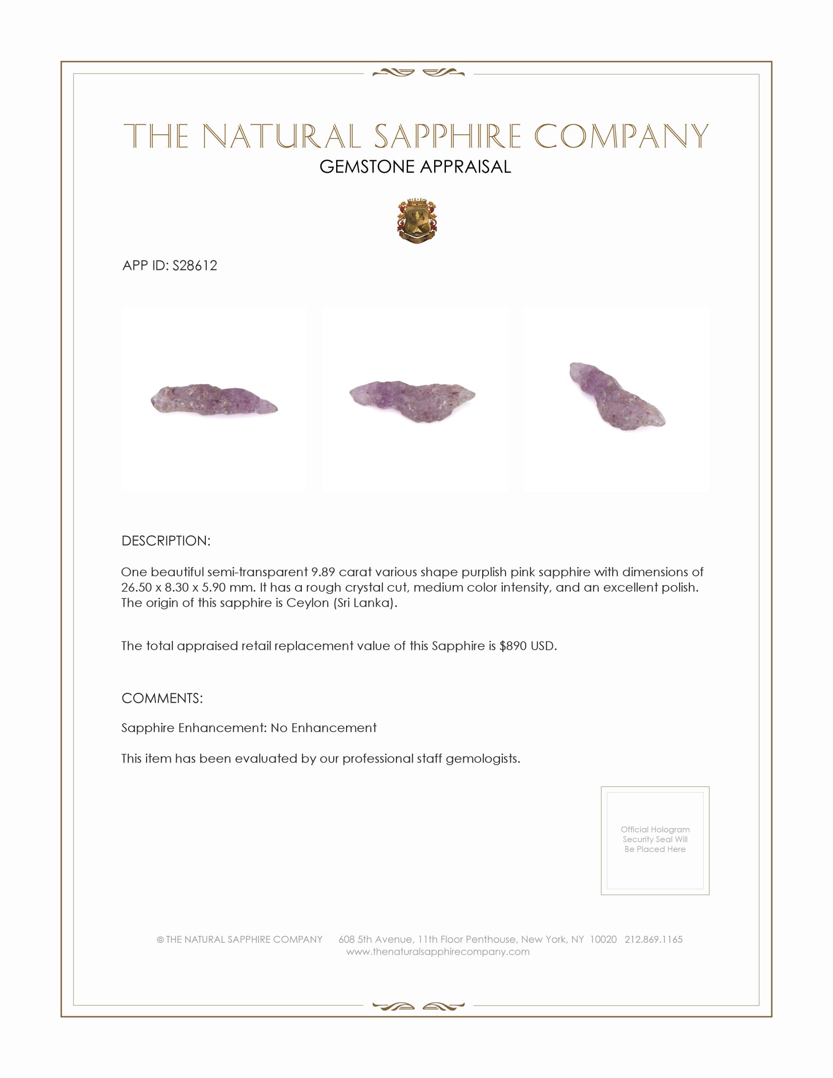 9.89 Ct. Purplish Pink Sapphire Crystal from Ceylon (Sri Lanka)