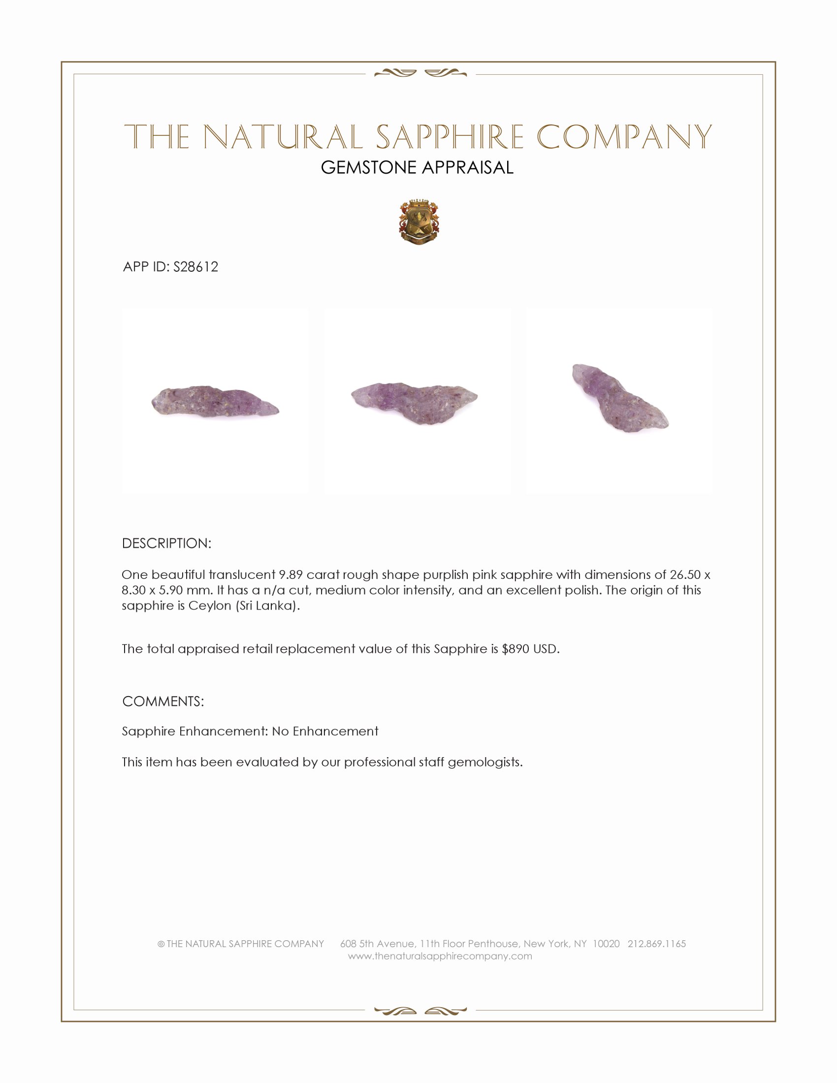 9.89 Ct. Purplish Pink Rough Sapphire from Ceylon (Sri Lanka)