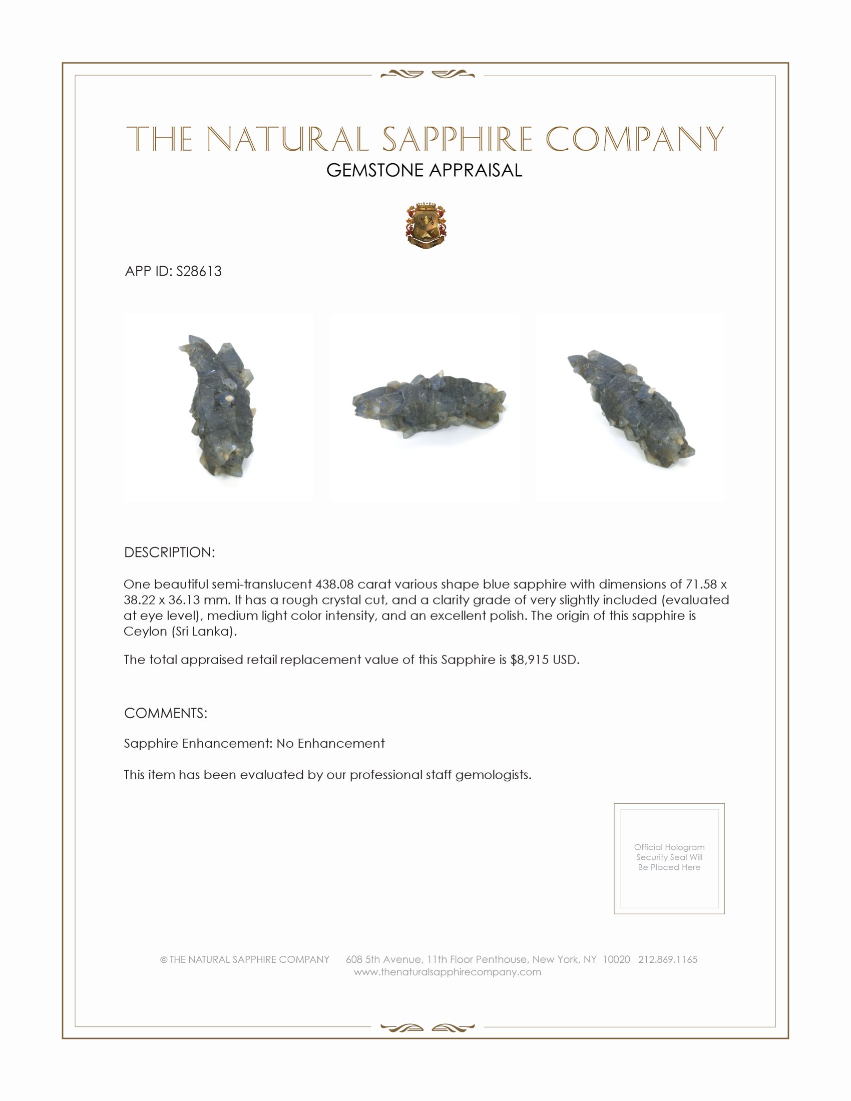 438.08 Ct. Blue Sapphire Crystal from Ceylon (Sri Lanka)