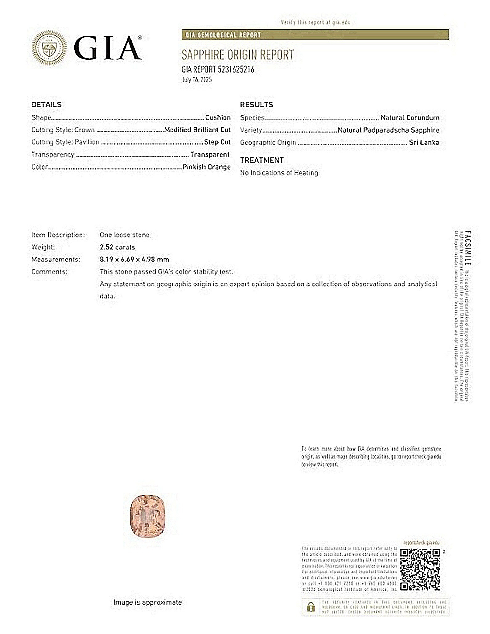 2.52 Ct. Padparadscha Sapphire from Ceylon (Sri Lanka)