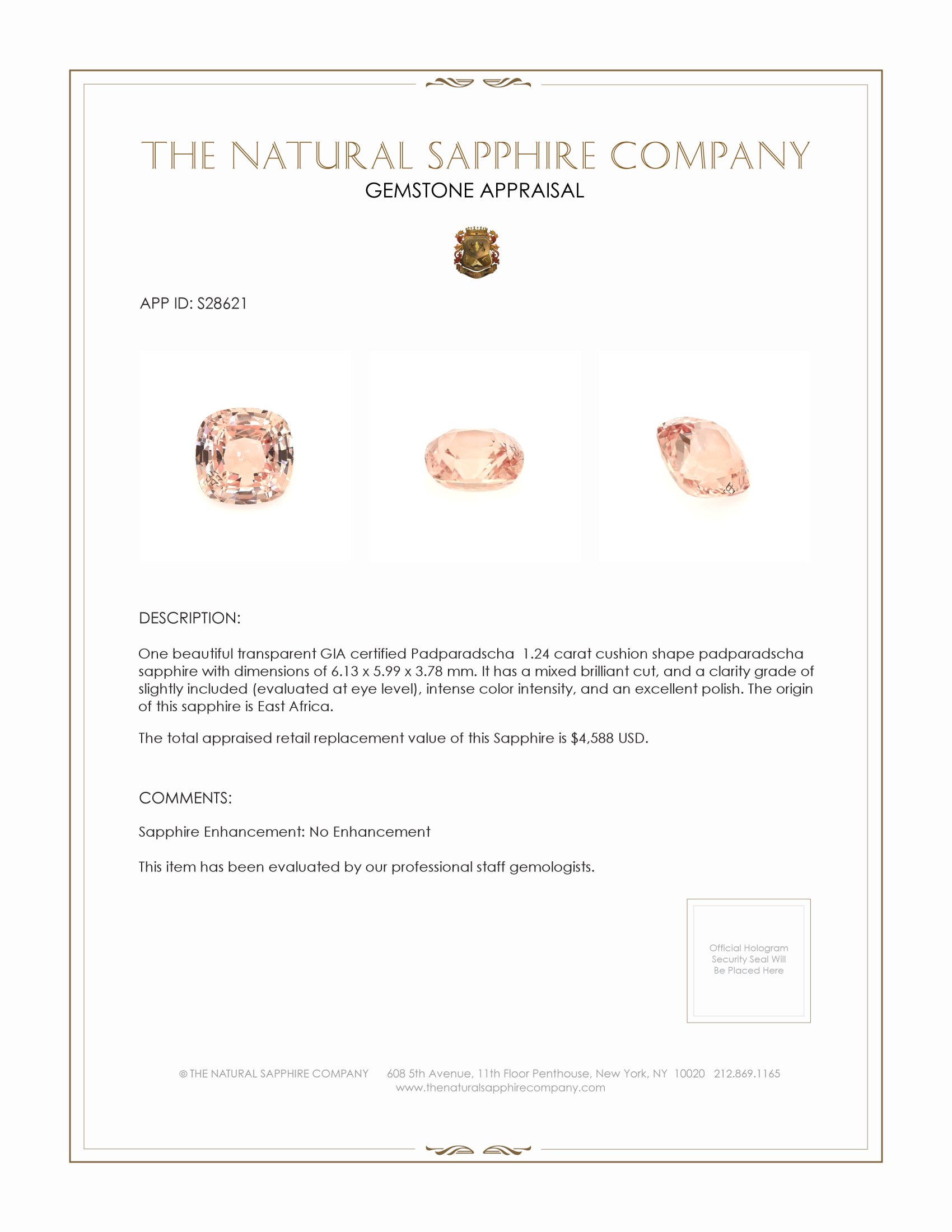 1.24 Ct. Padparadscha Sapphire from East Africa