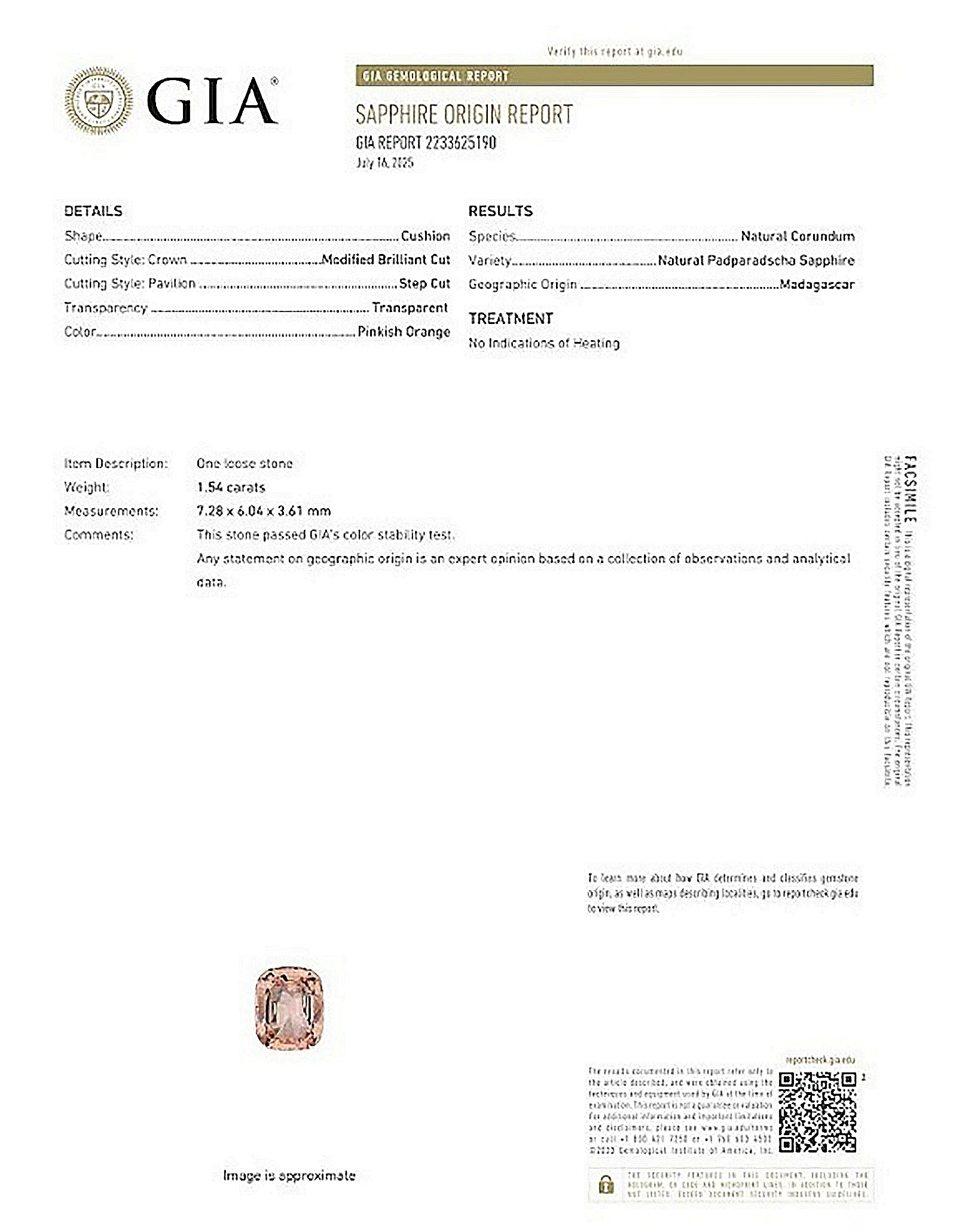 1.54 Ct. Padparadscha Sapphire from Madagascar