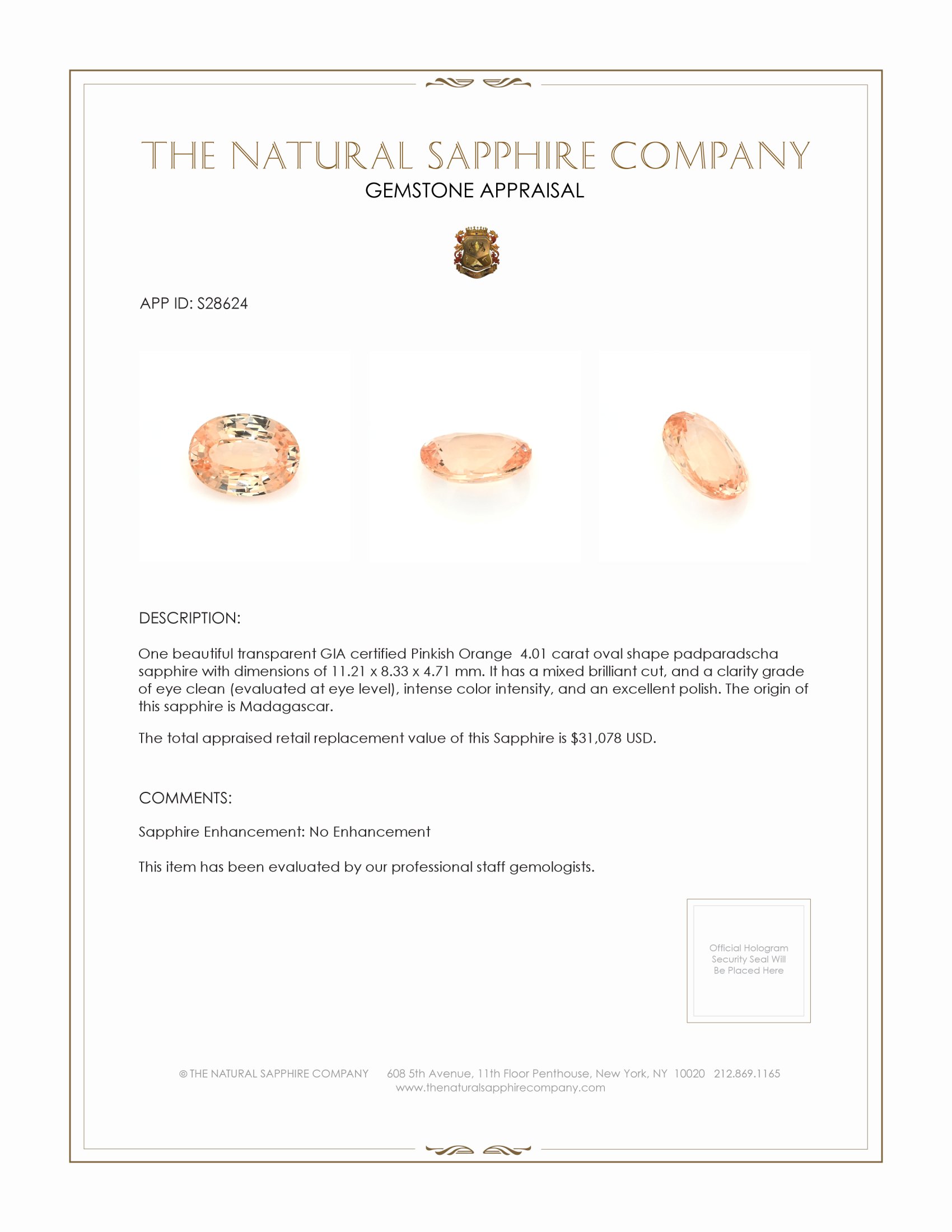 4.01 Ct. Padparadscha Sapphire from Madagascar