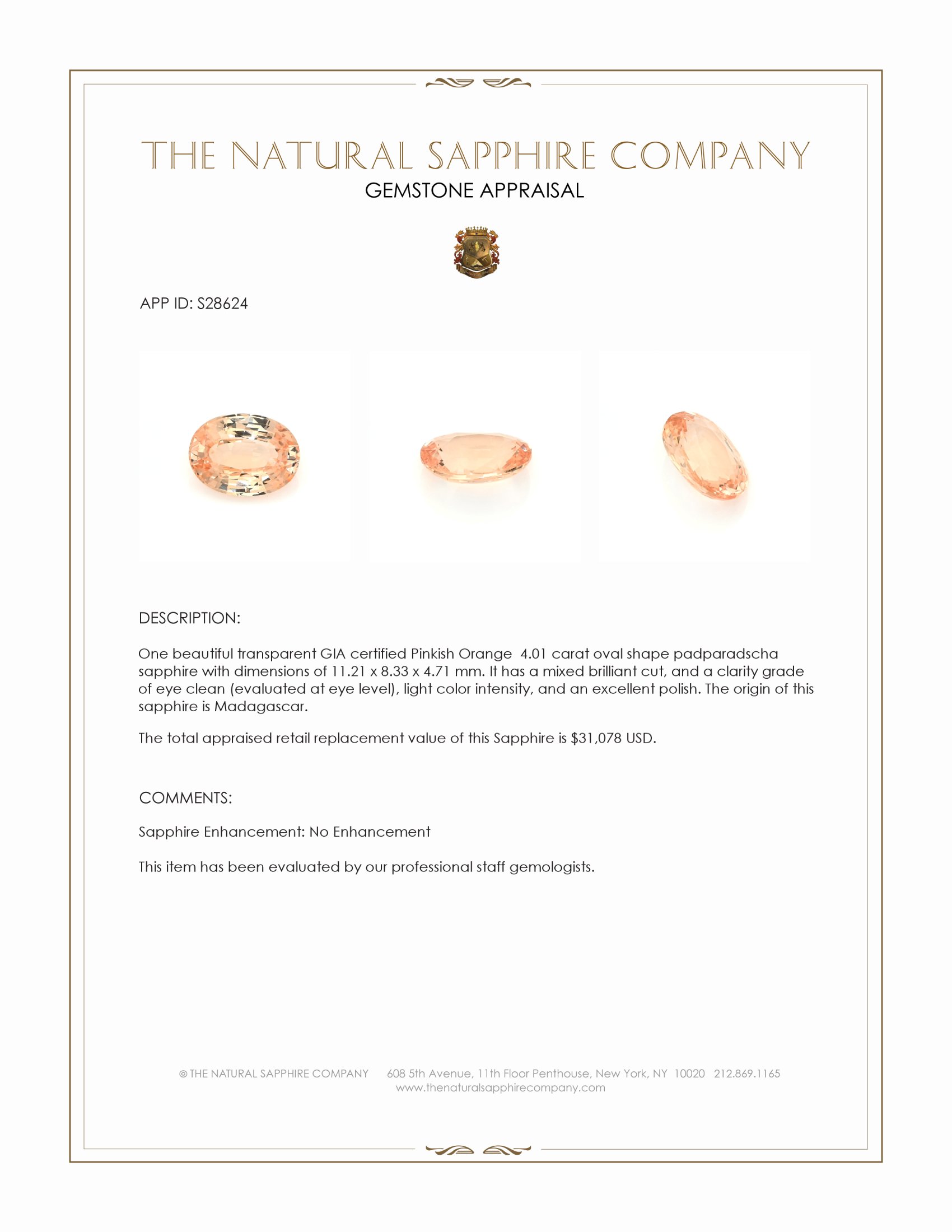 4.01 Ct. Padparadscha Sapphire from Madagascar