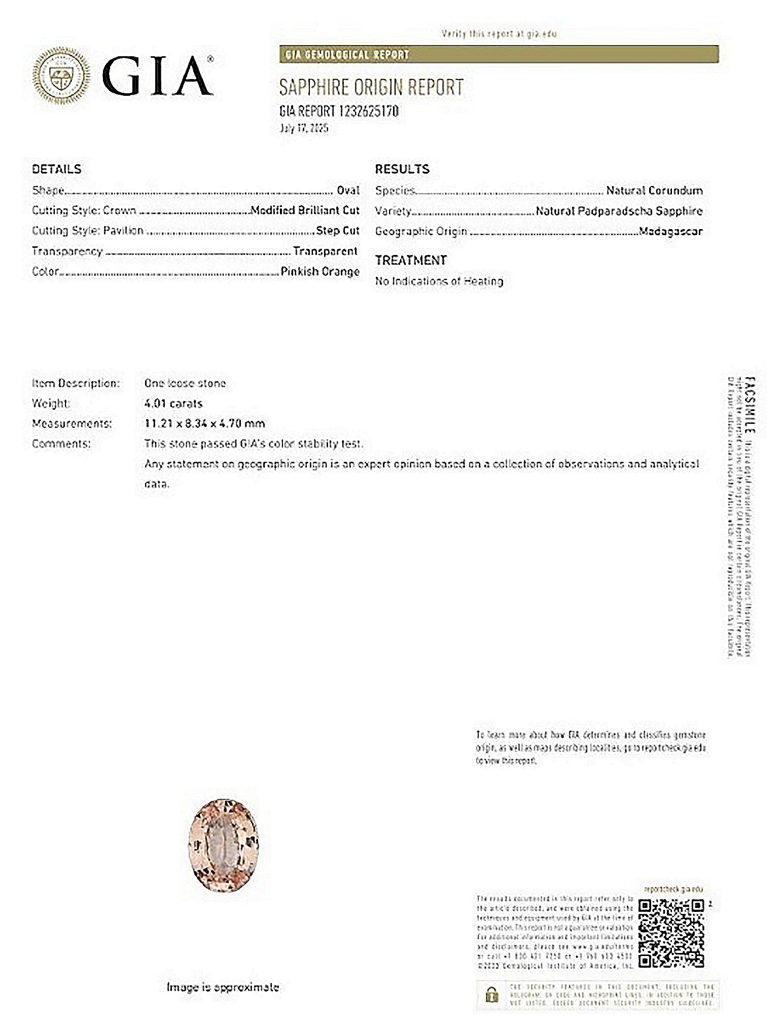 4.01 Ct. Padparadscha Sapphire from Madagascar