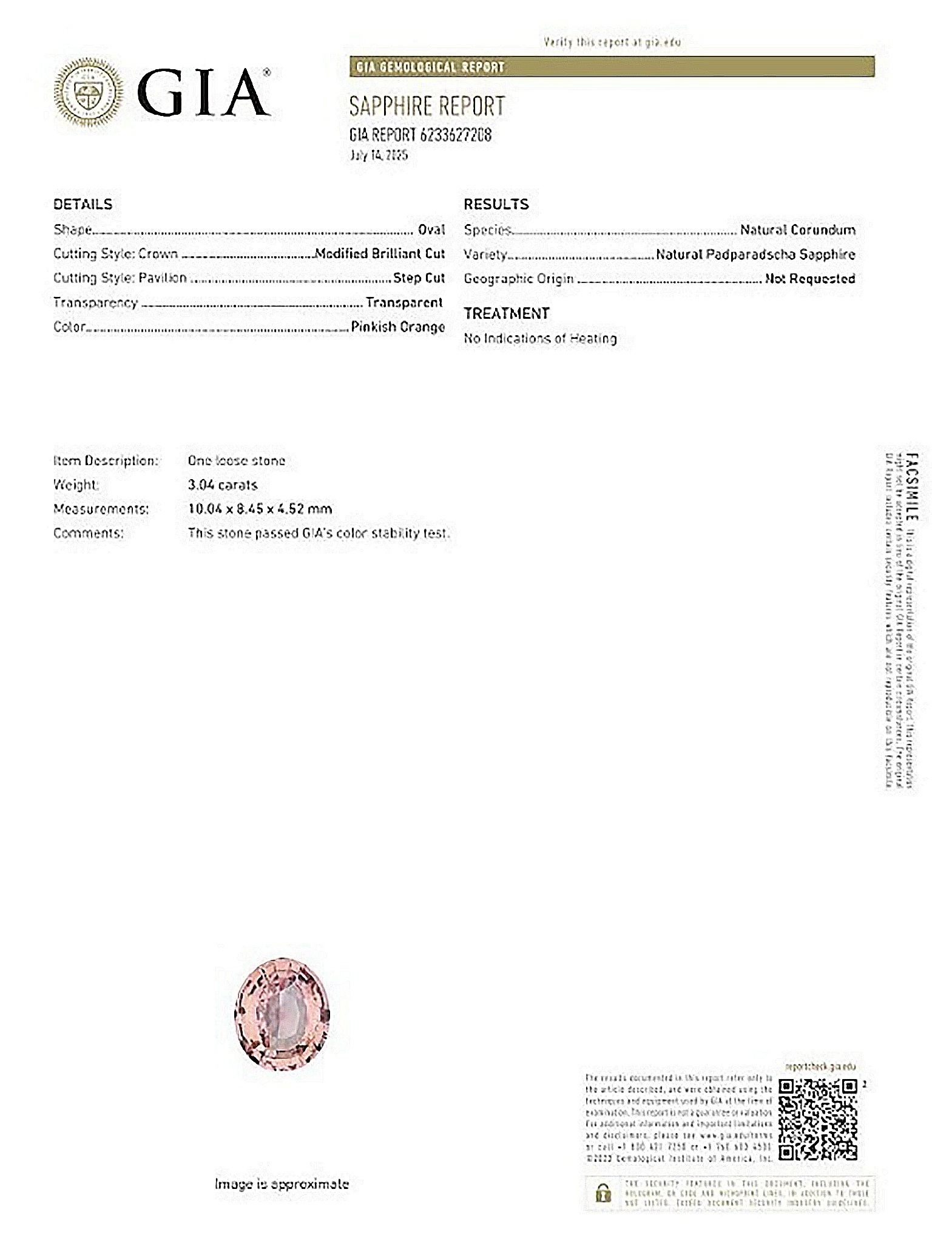 3.04 Ct. Padparadscha Sapphire from Ceylon (Sri Lanka)