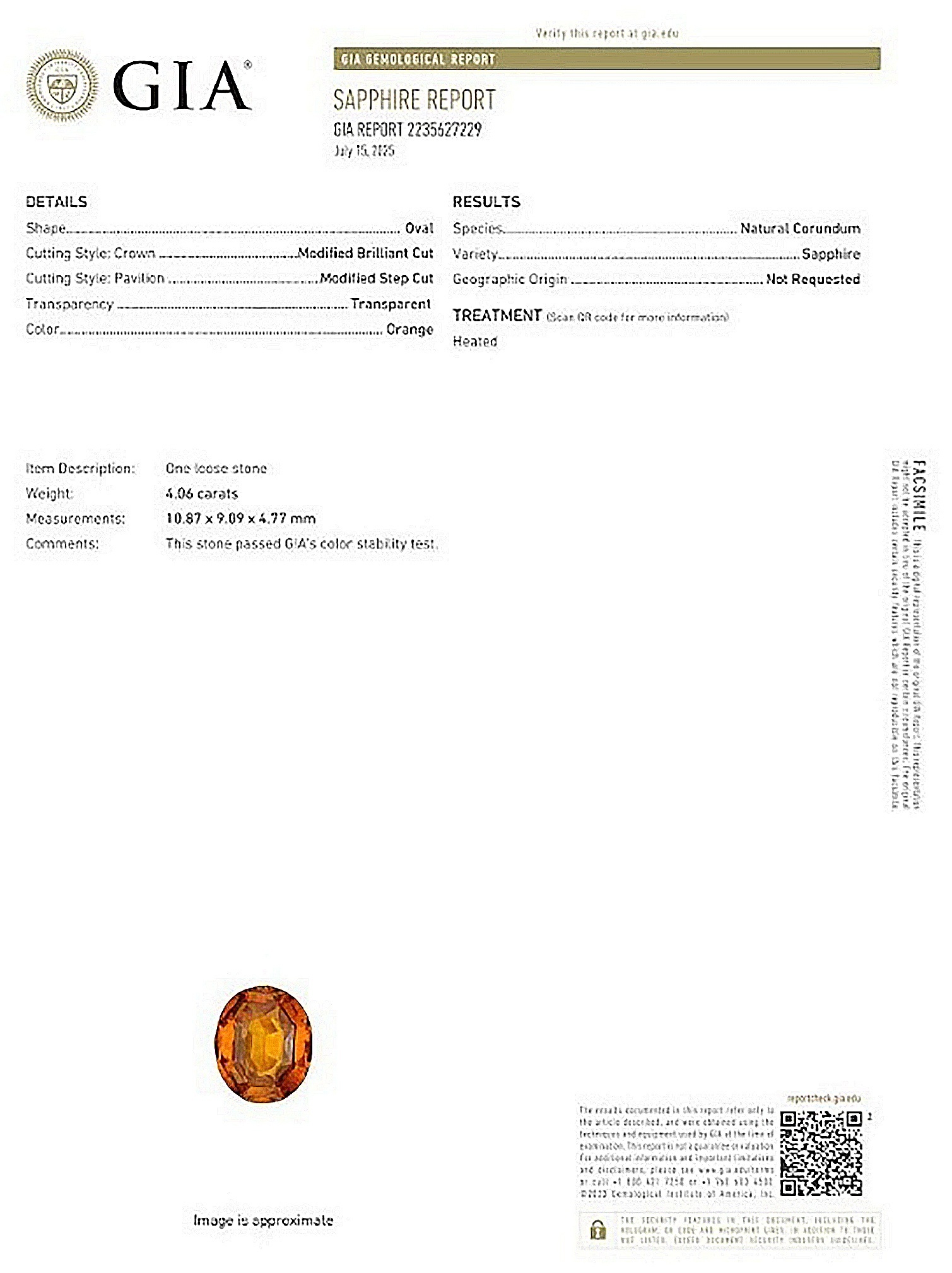 4.06 Ct. Orange Sapphire from Ceylon (Sri Lanka)