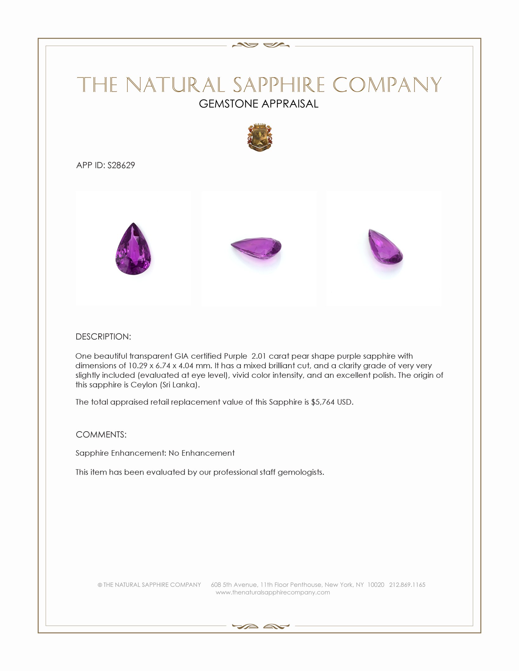 2.01 Ct. Purple Sapphire from Ceylon (Sri Lanka)