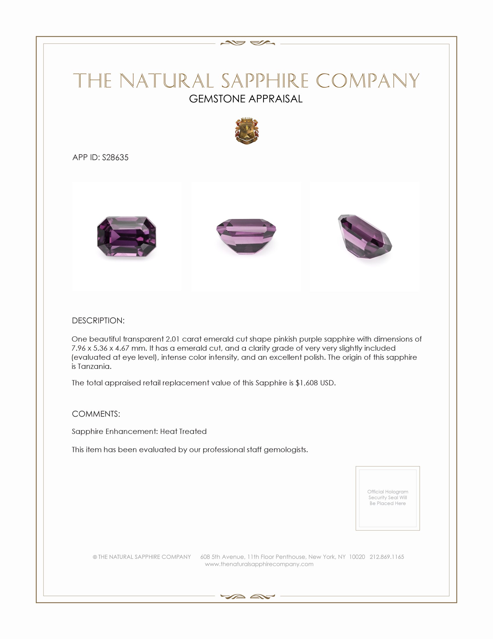 2.01 Ct. Pinkish Purple Sapphire from Tanzania