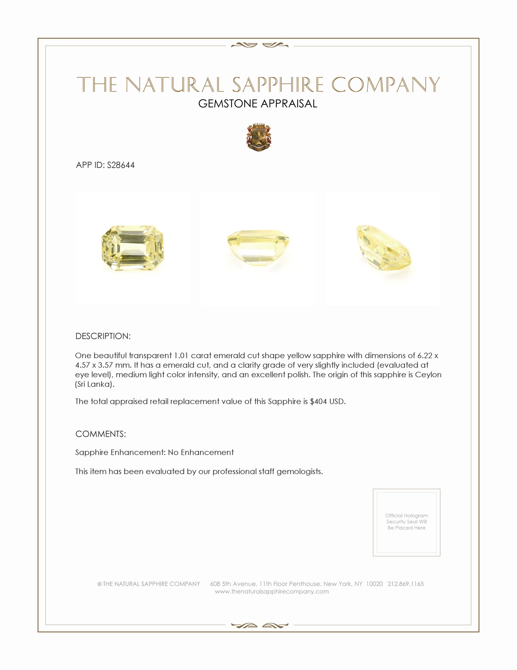 1.01 Ct. Yellow Sapphire from Ceylon (Sri Lanka)