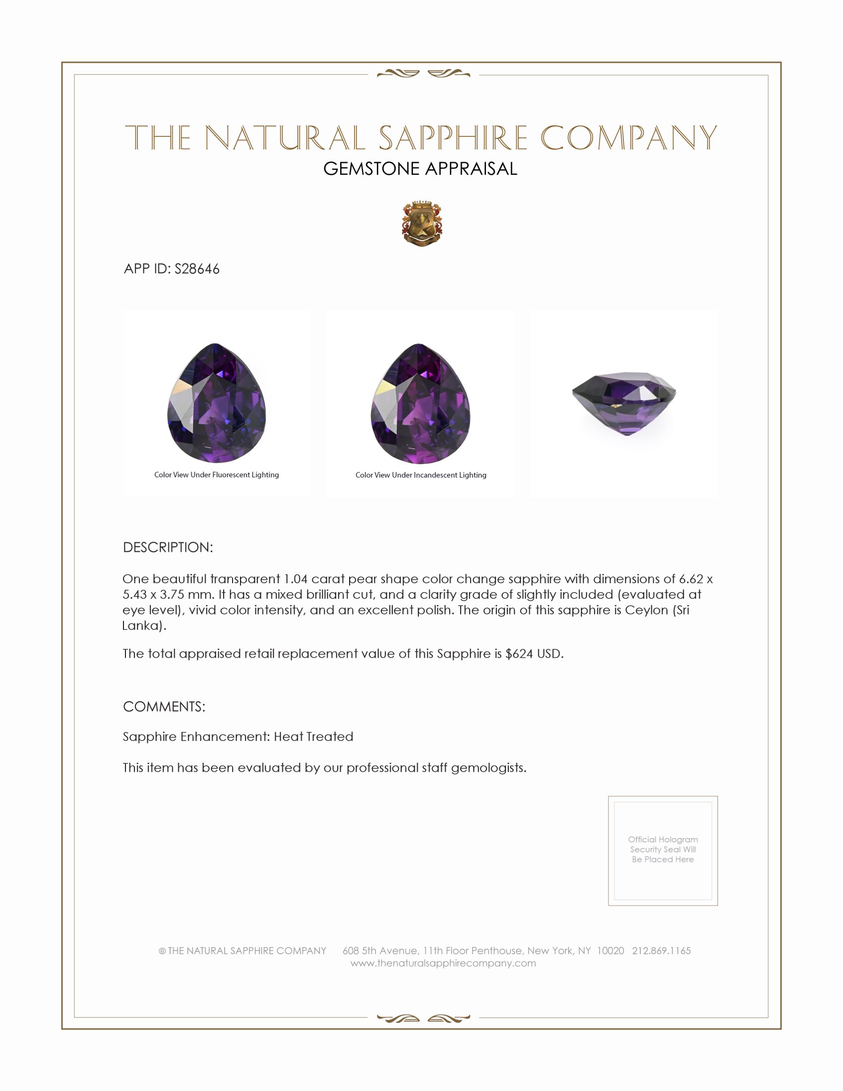 1.04 Ct. Color Change Sapphire from Ceylon (Sri Lanka)