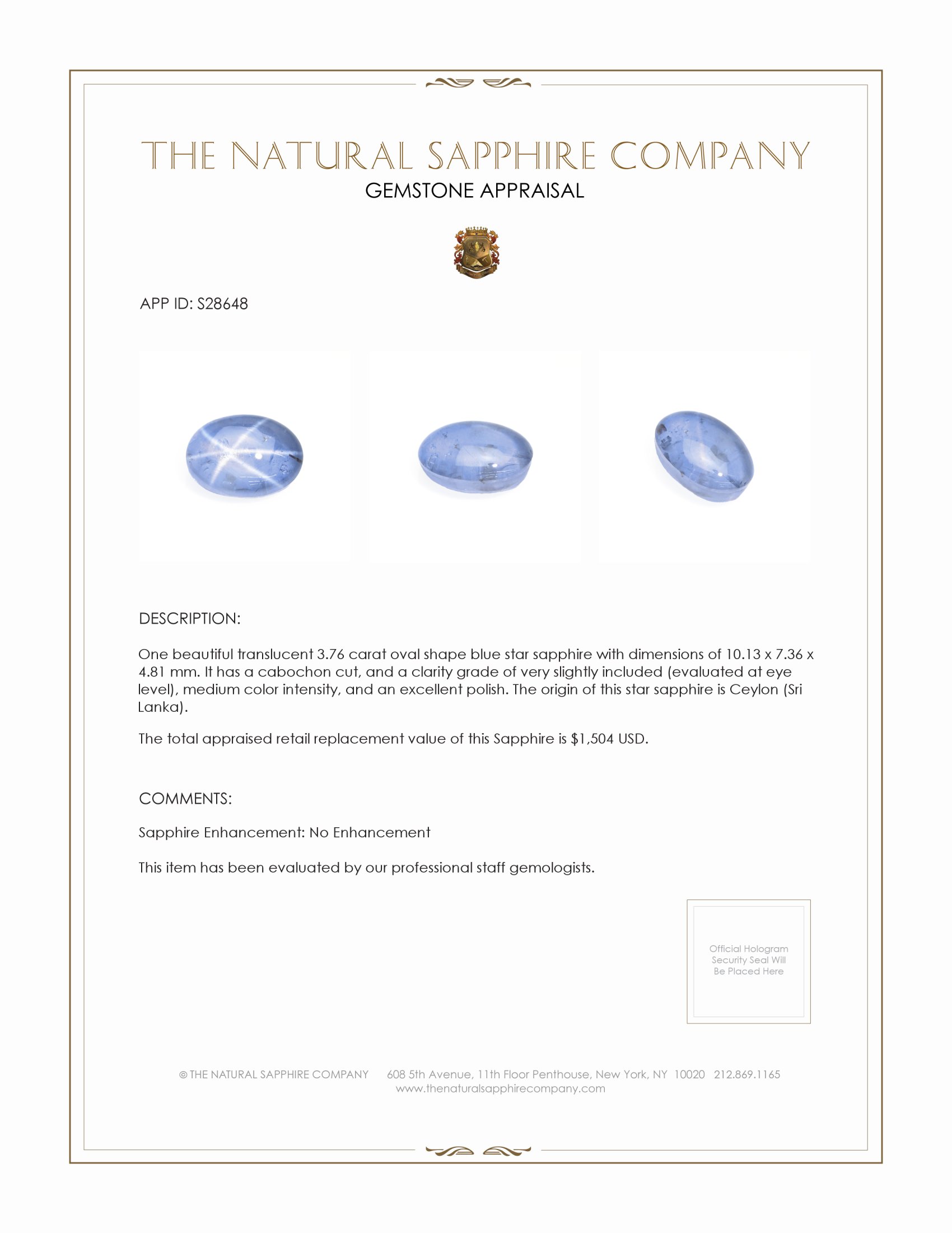 3.76 Ct. Blue Star Sapphire from Ceylon (Sri Lanka)