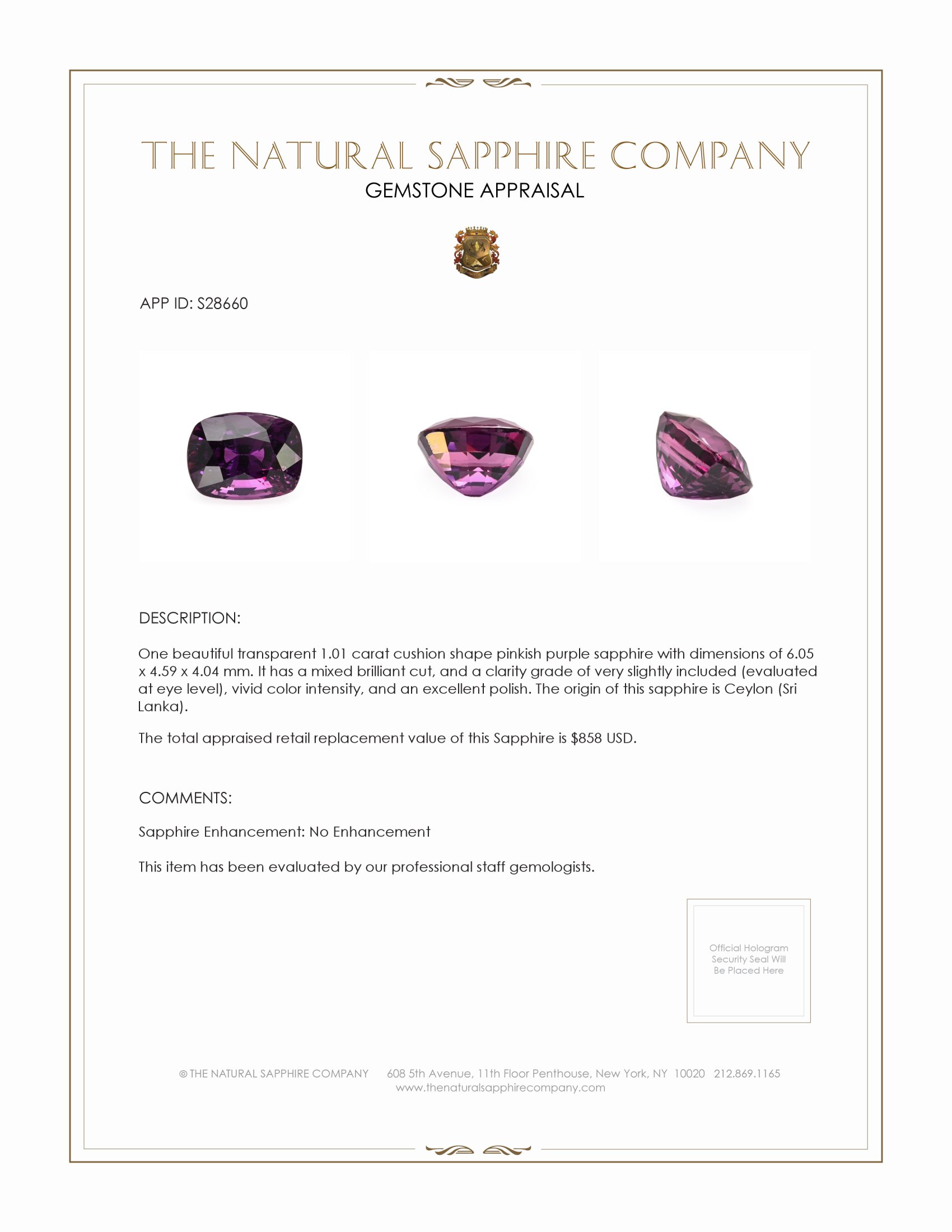1.01 Ct. Pinkish Purple Sapphire from Ceylon (Sri Lanka)