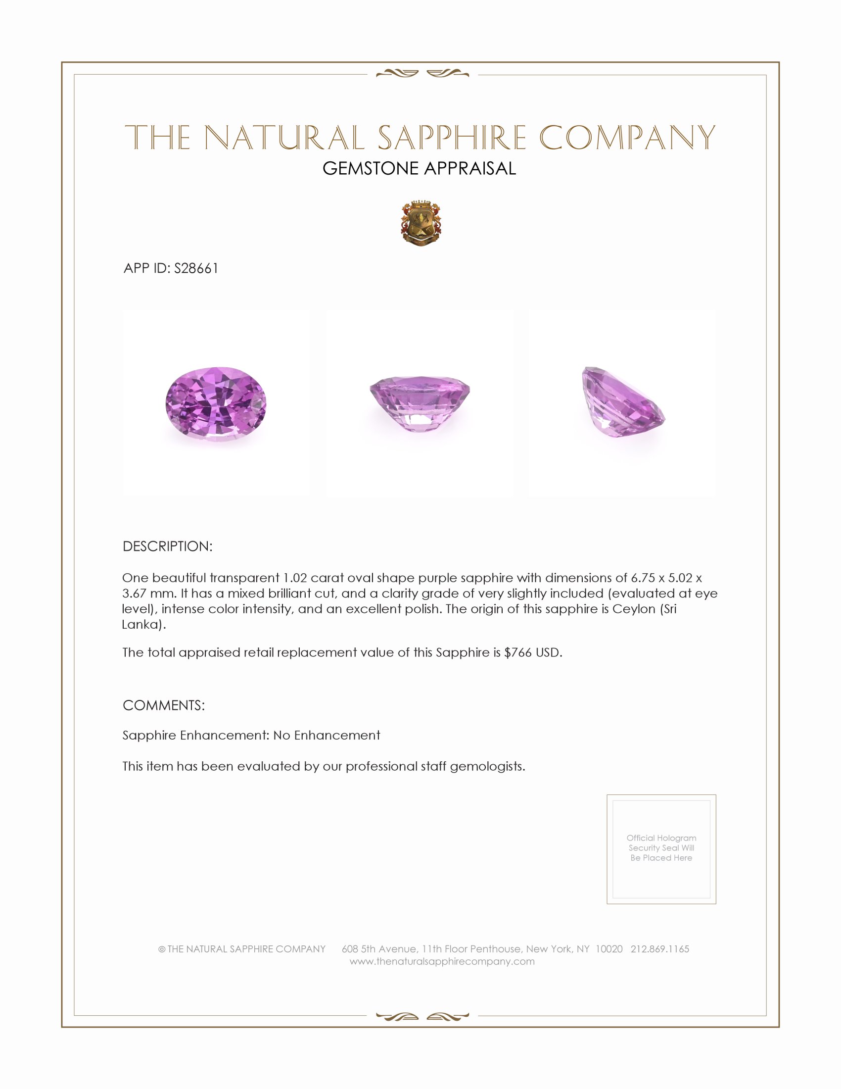 1.02 Ct. Purple Sapphire from Ceylon (Sri Lanka)