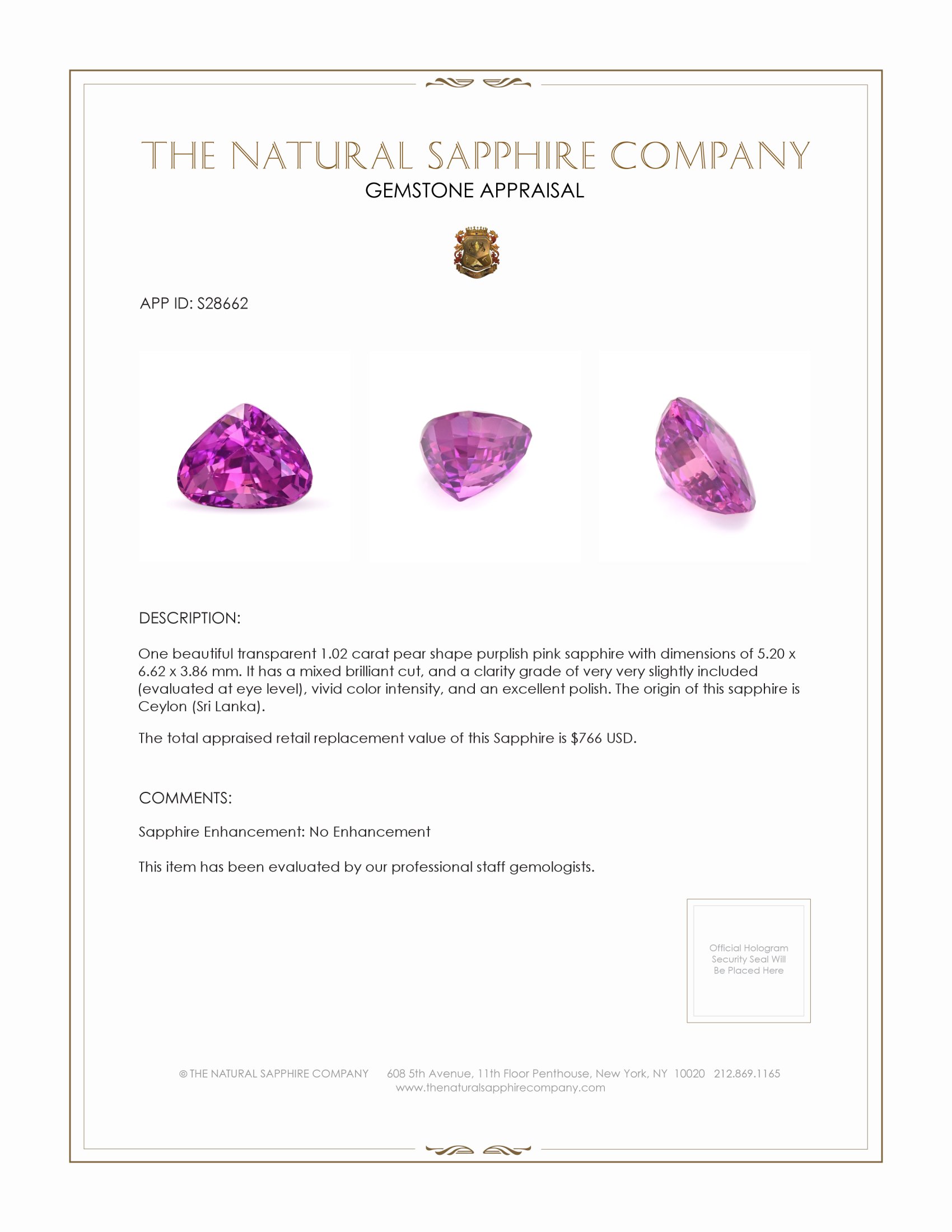 1.02 Ct. Purplish Pink Sapphire from Ceylon (Sri Lanka)