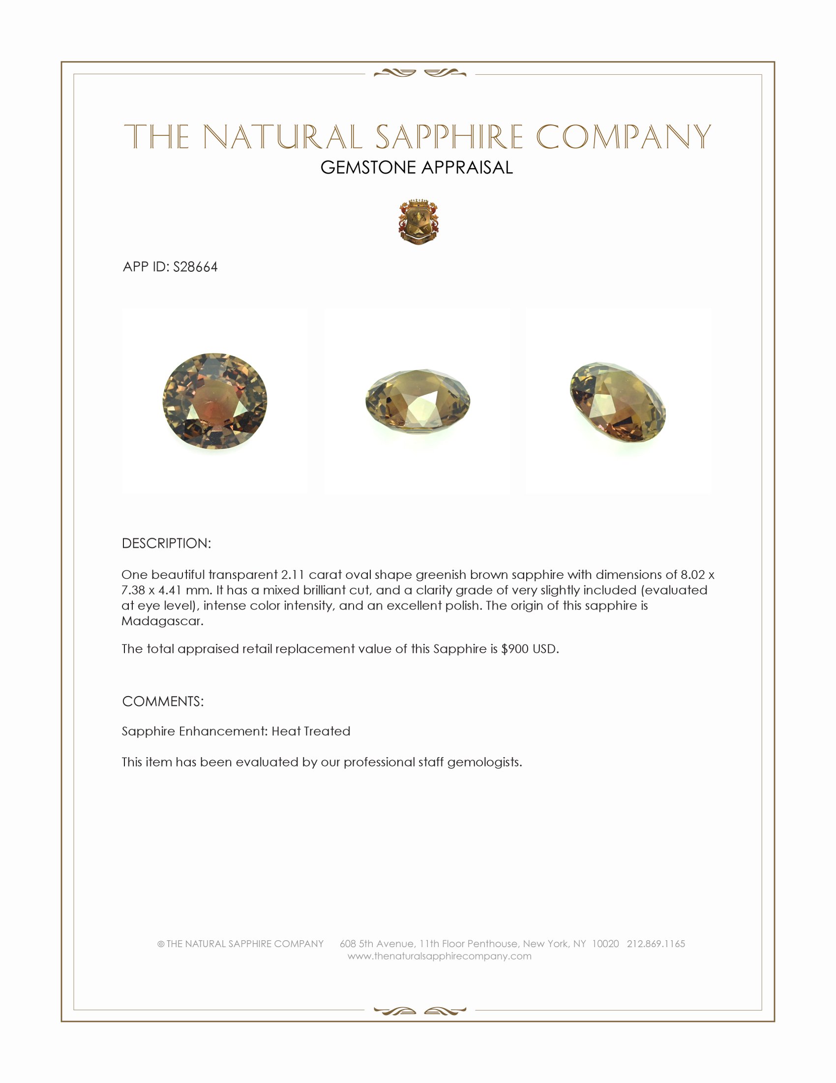 2.11 Ct. Greenish Brown Sapphire from Madagascar