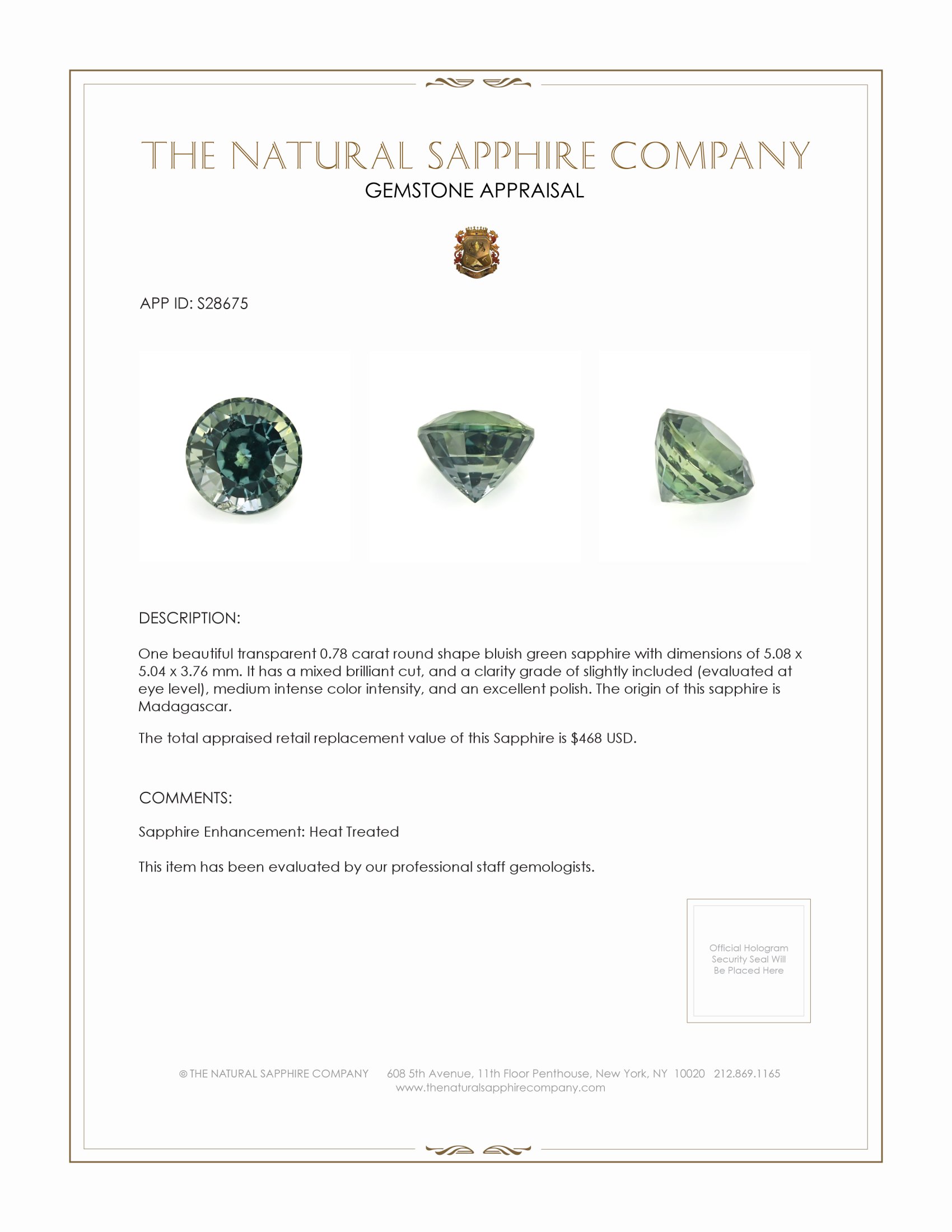 0.78 Ct. Bluish Green Sapphire from Madagascar