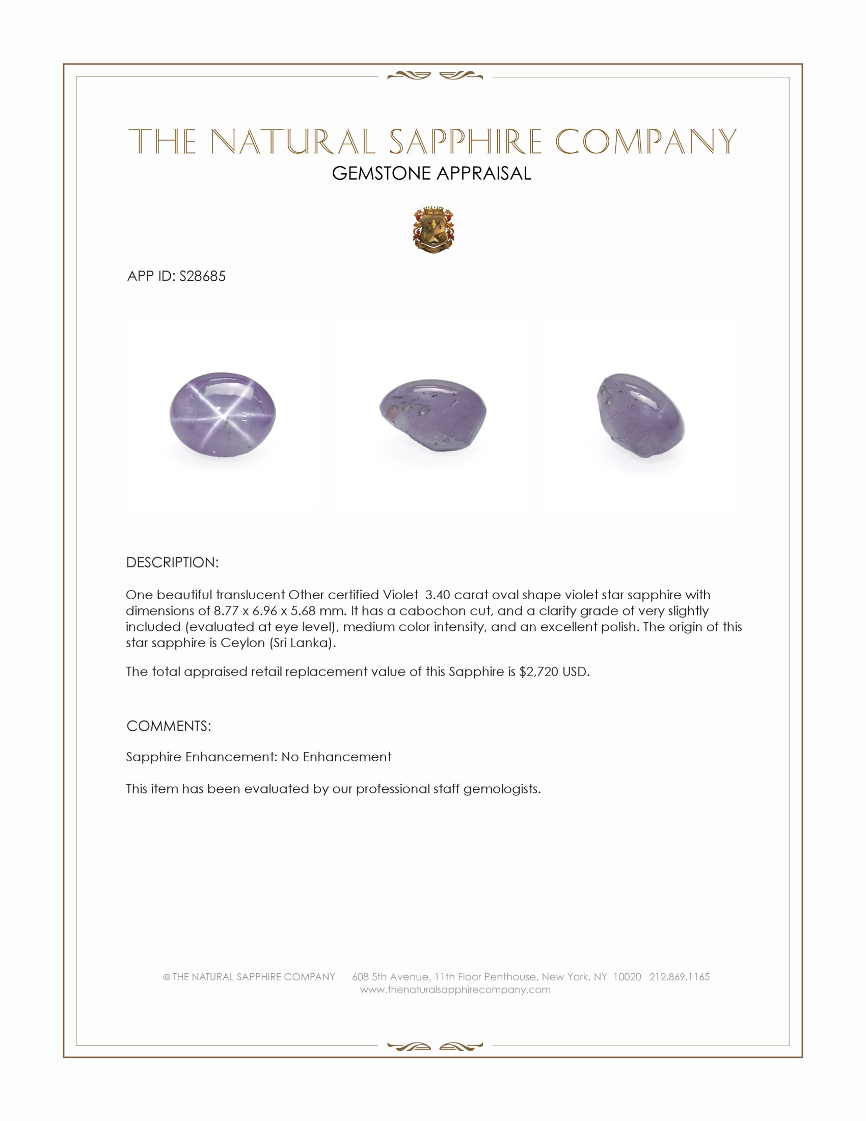 3.40 Ct. Violet Star Sapphire from Ceylon (Sri Lanka)