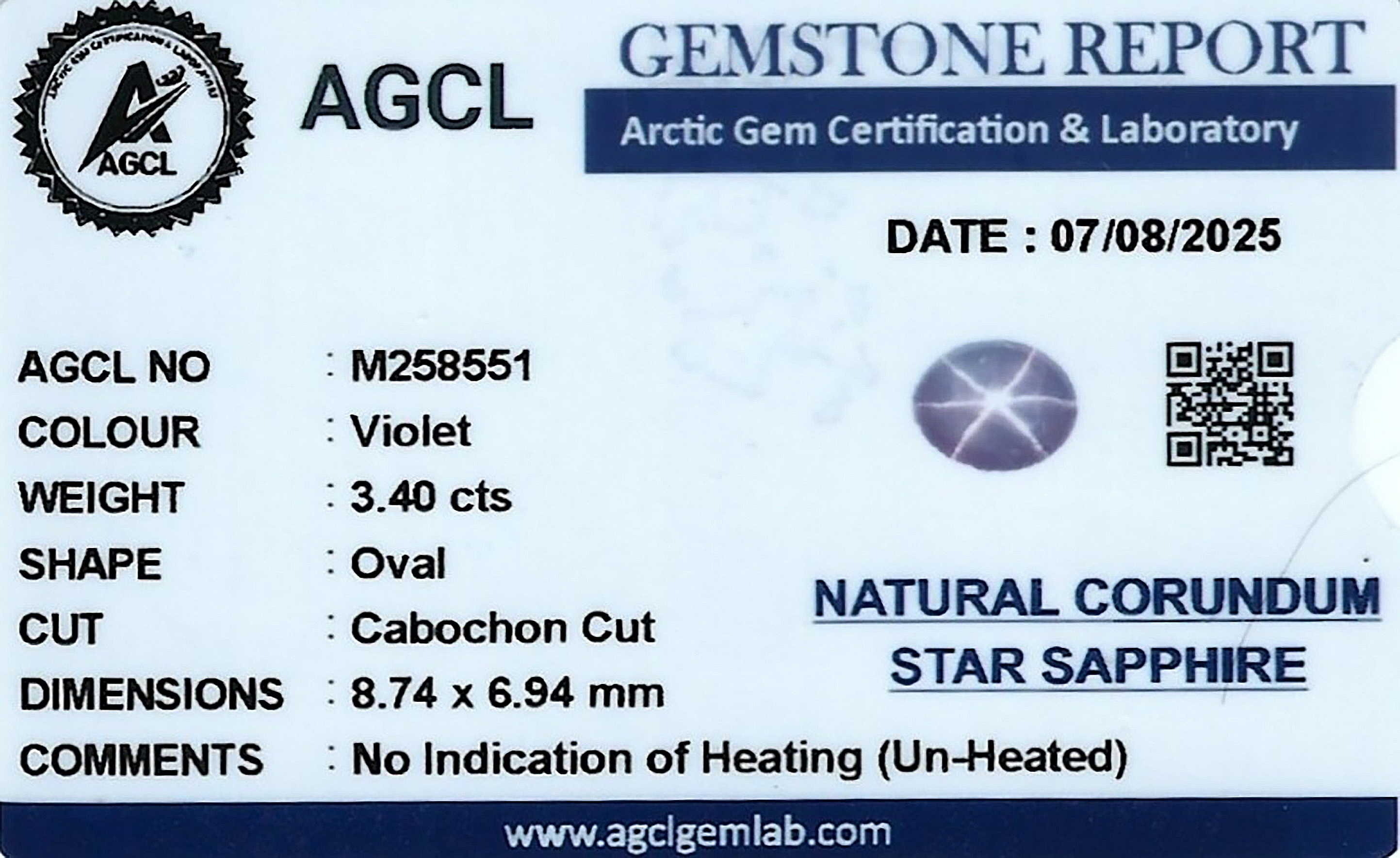 3.40 Ct. Violet Star Sapphire from Ceylon (Sri Lanka)