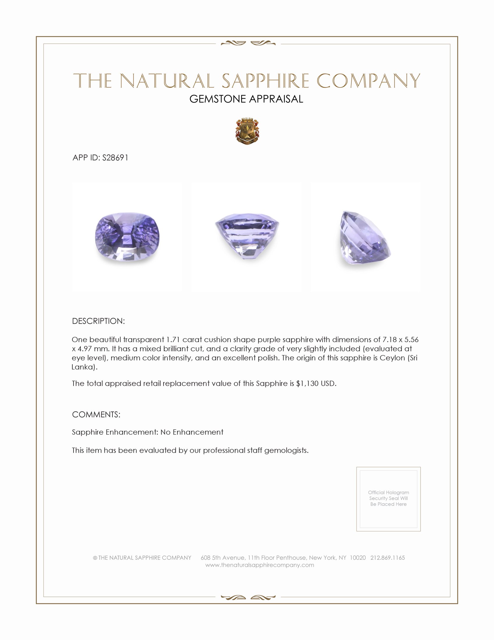 1.71 Ct. Purple Sapphire from Ceylon (Sri Lanka)