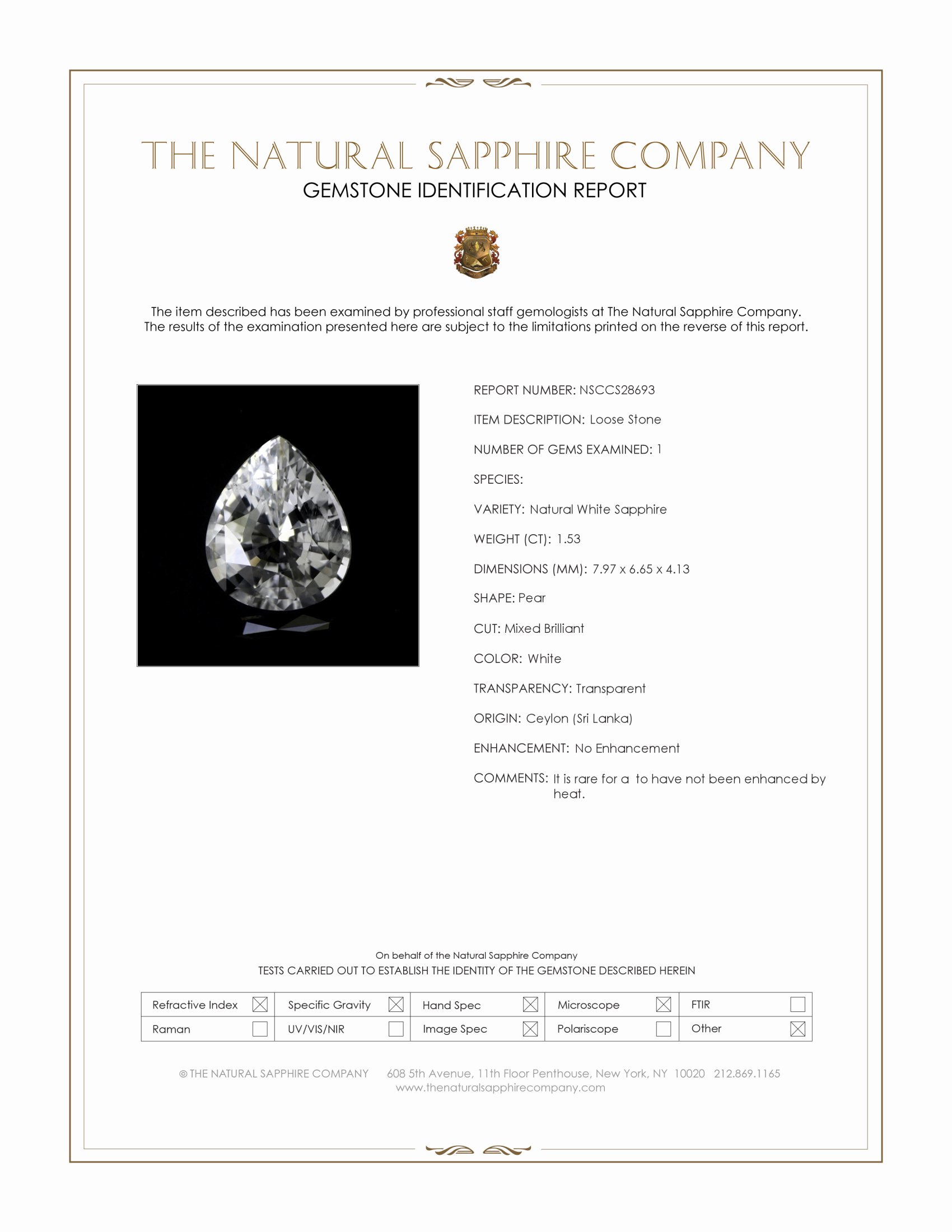 1.53 Ct. White Sapphire from Ceylon (Sri Lanka)