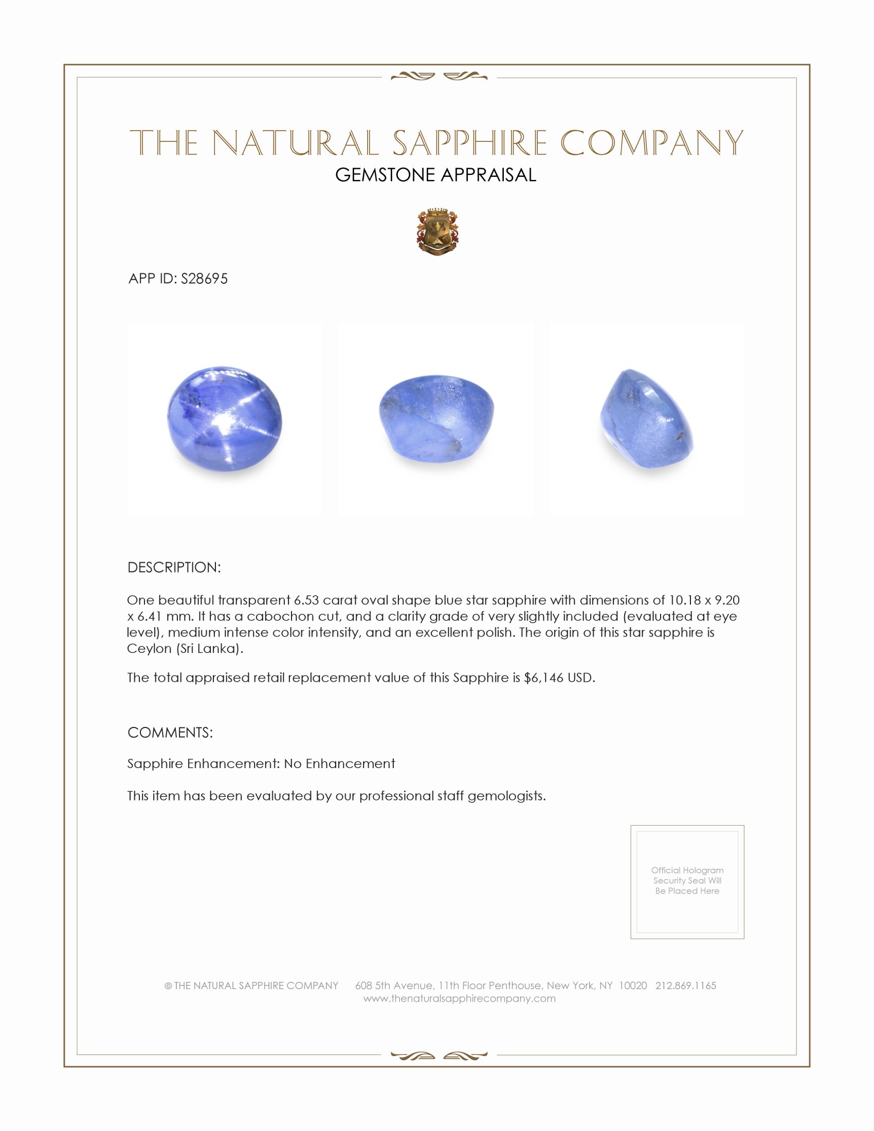 6.53 Ct. Blue Star Sapphire from Ceylon (Sri Lanka)