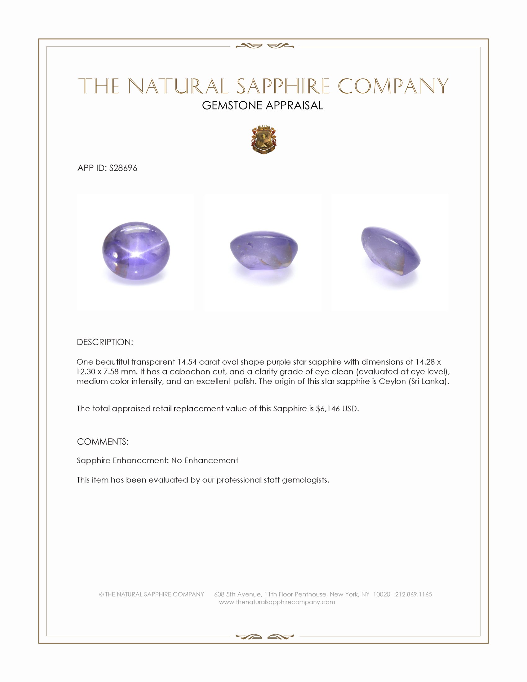 14.54 Ct. Purple Star Sapphire from Ceylon (Sri Lanka)