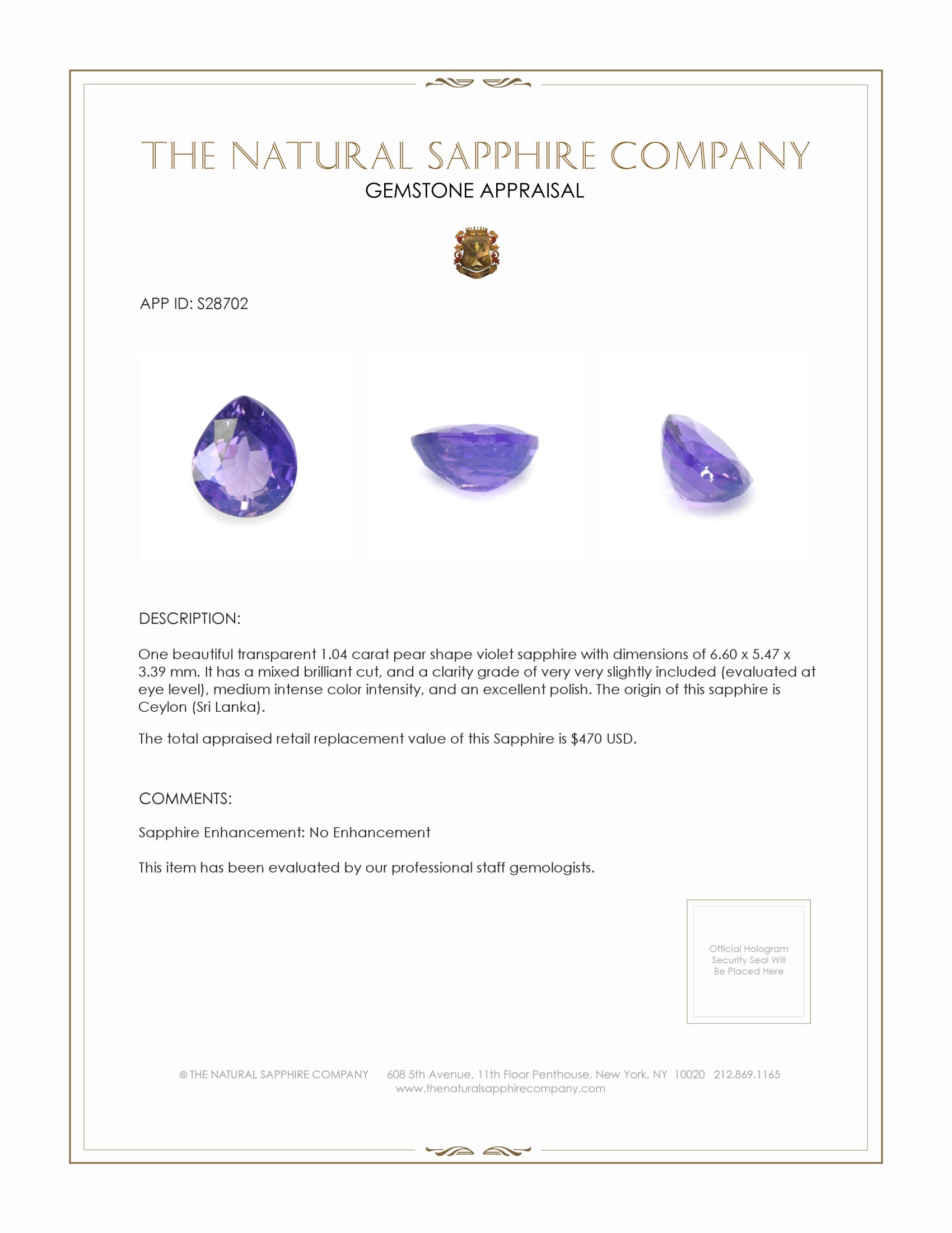 1.04 Ct. Violet Sapphire from Ceylon (Sri Lanka)