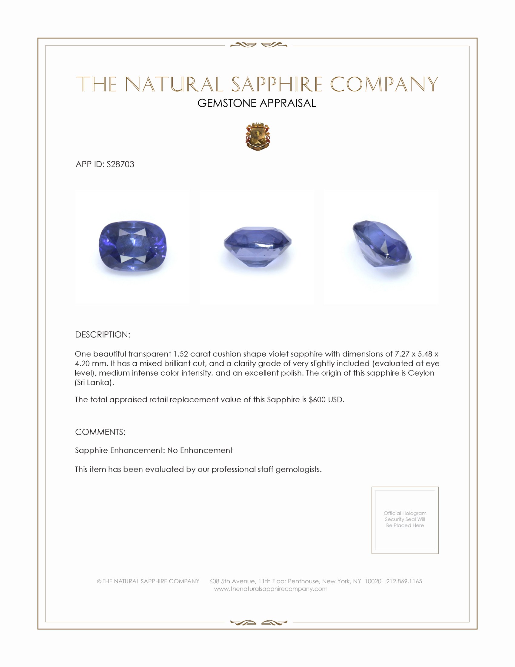 1.52 Ct. Violet Sapphire from Ceylon (Sri Lanka)