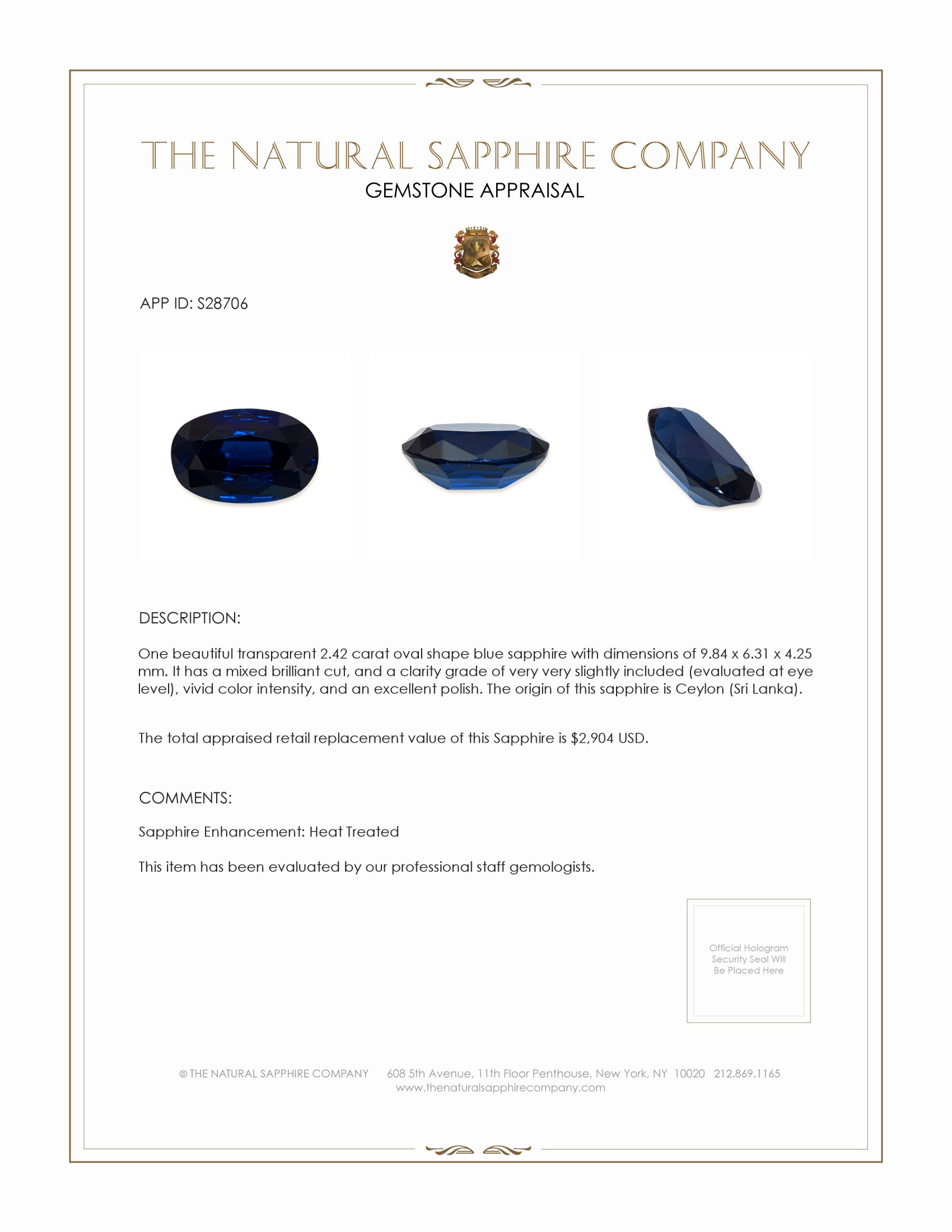 2.42 Ct. Blue Sapphire from Ceylon (Sri Lanka)