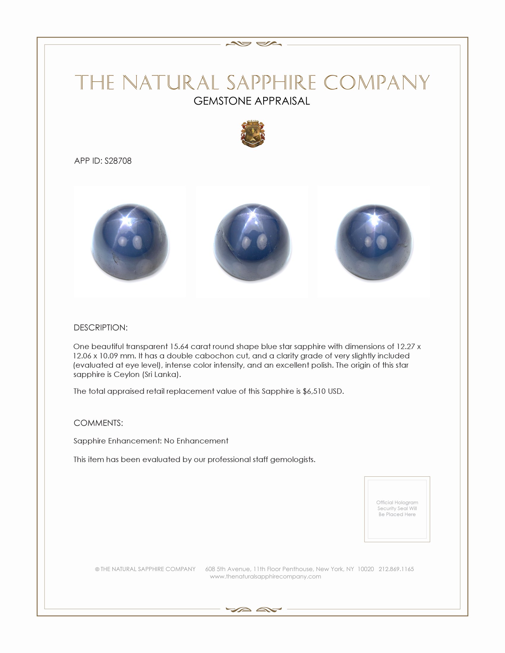 15.64 Ct. Blue Star Sapphire from Ceylon (Sri Lanka)