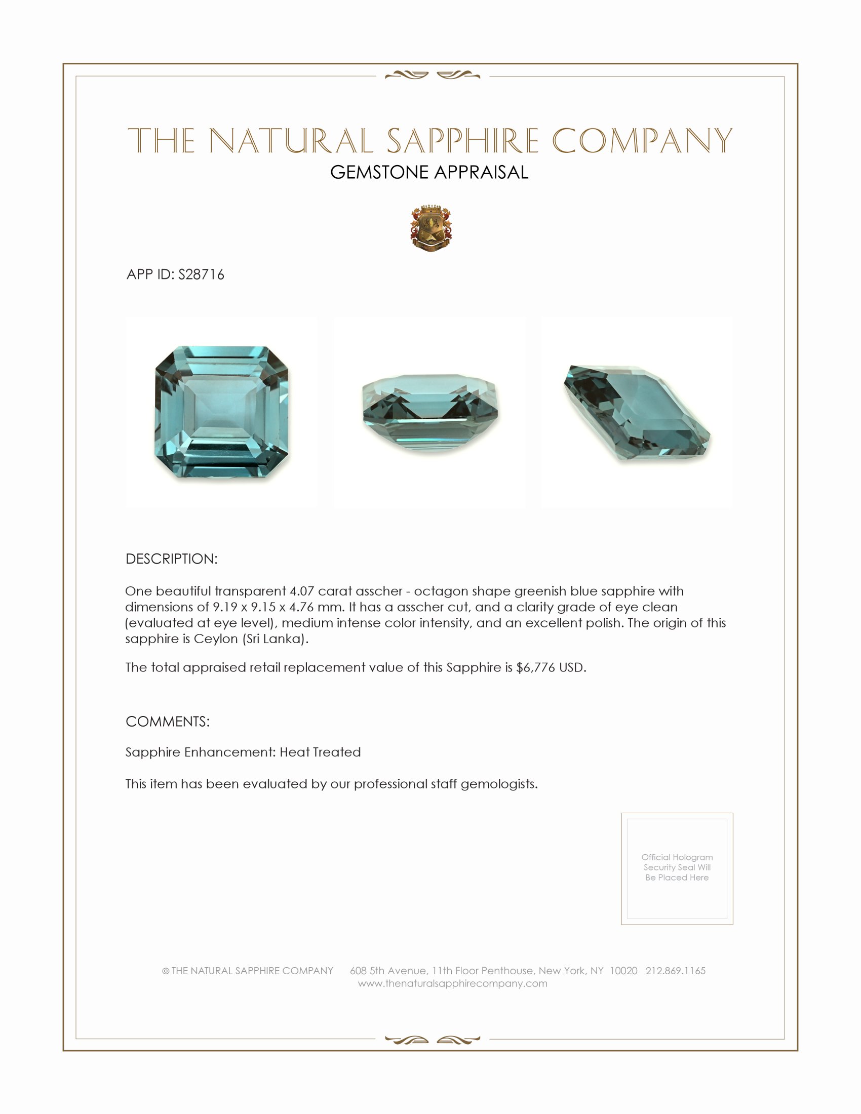 4.07 Ct. Greenish Blue Sapphire from Ceylon (Sri Lanka)