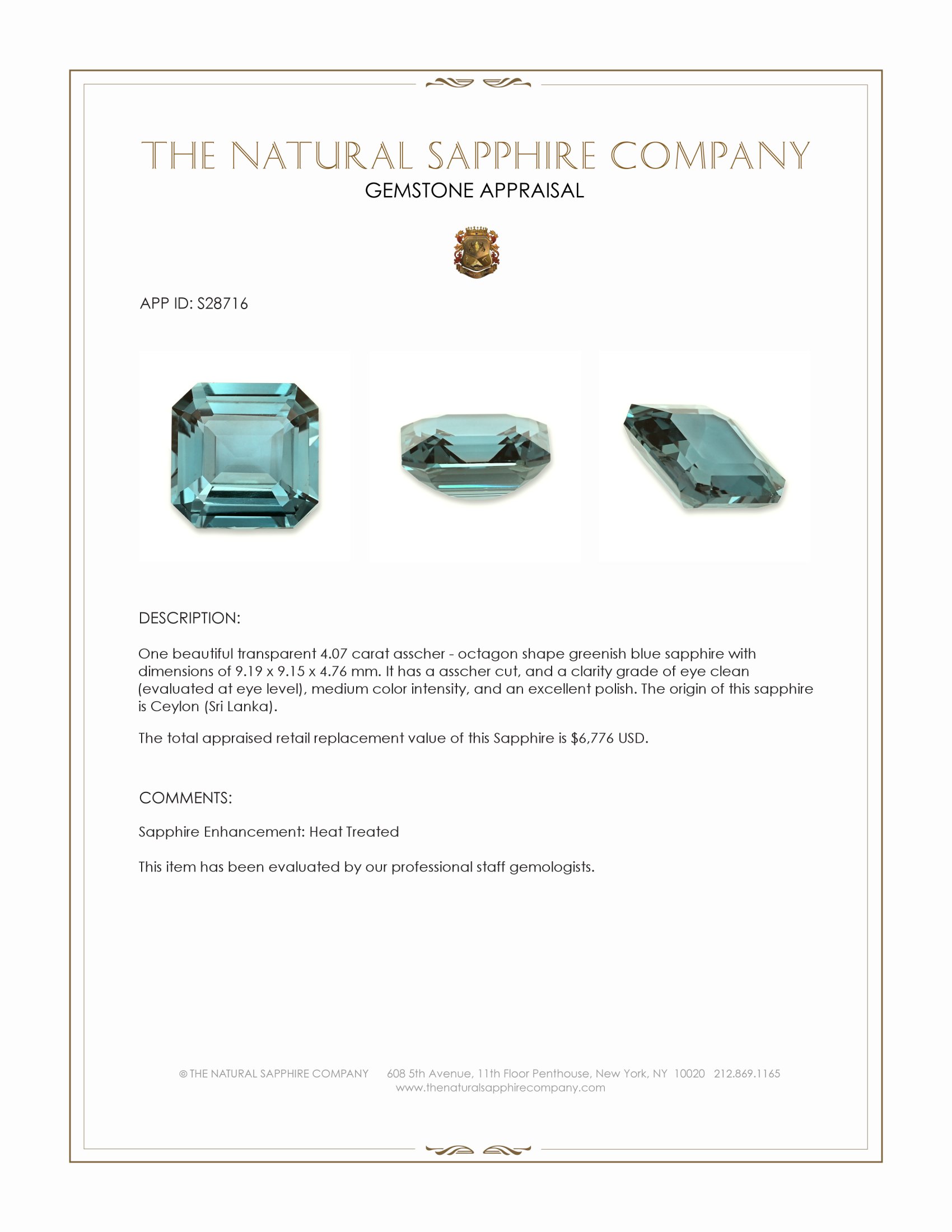 4.07 Ct. Greenish Blue Sapphire from Ceylon (Sri Lanka)