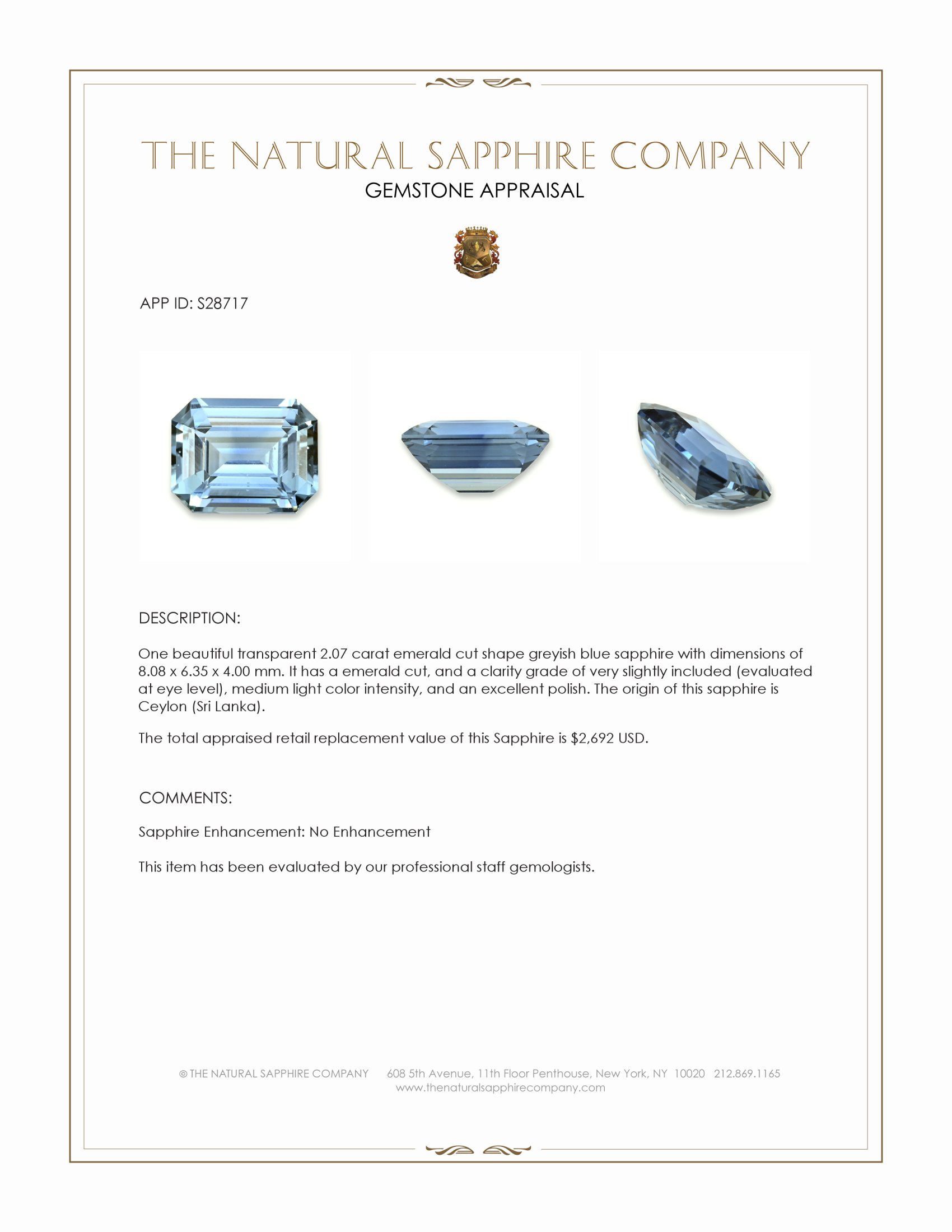 2.07 Ct. Greyish Blue Sapphire from Ceylon (Sri Lanka)