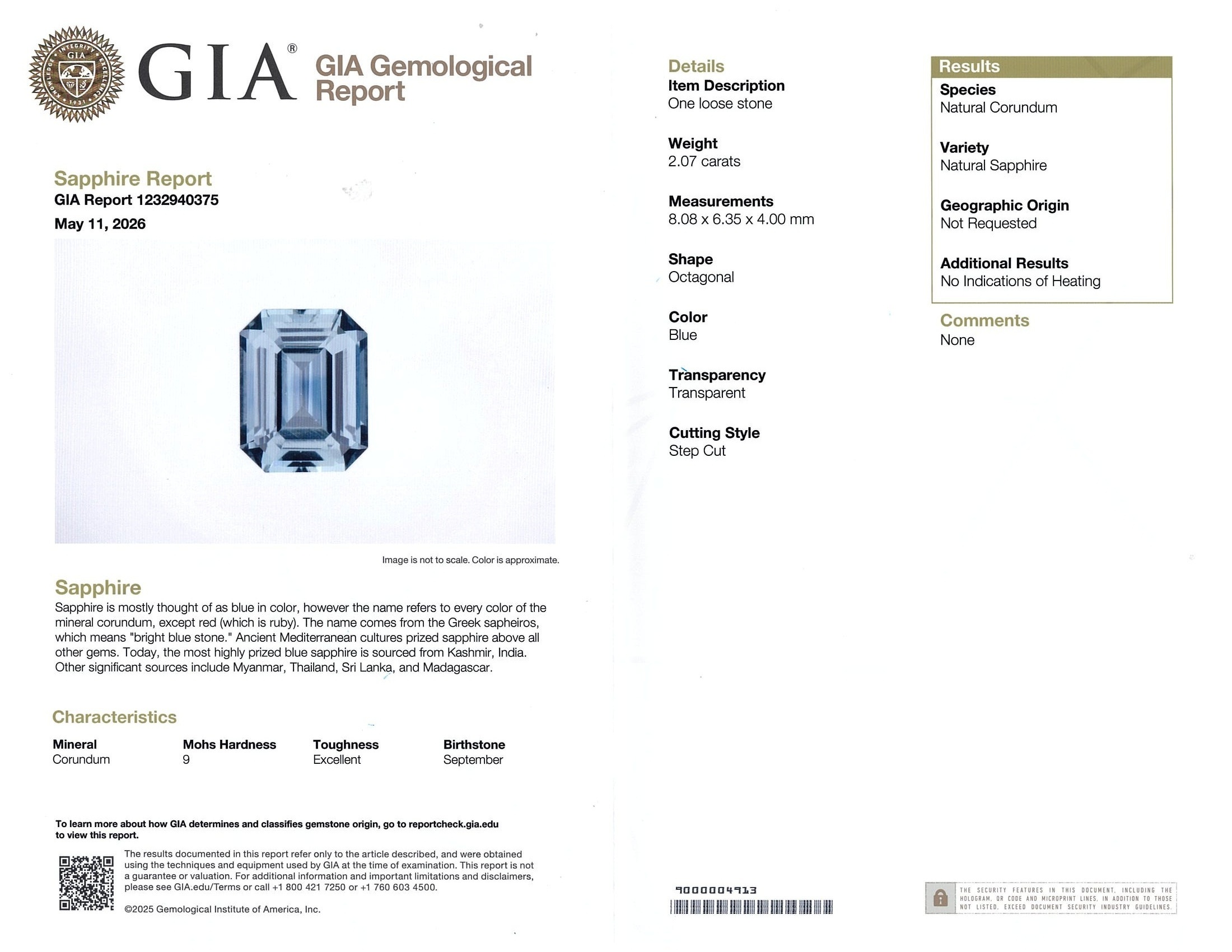 2.07 Ct. Greyish Blue Sapphire from Ceylon (Sri Lanka)