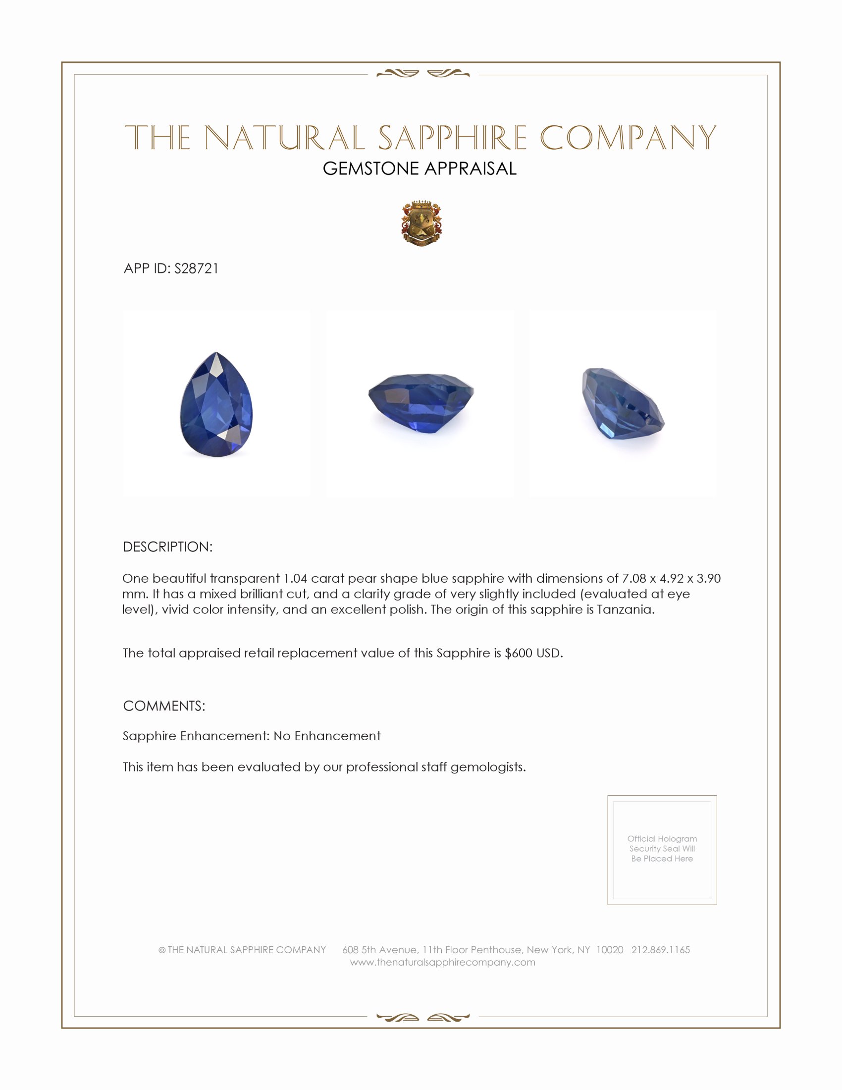 1.04 Ct. Blue Sapphire from Tanzania