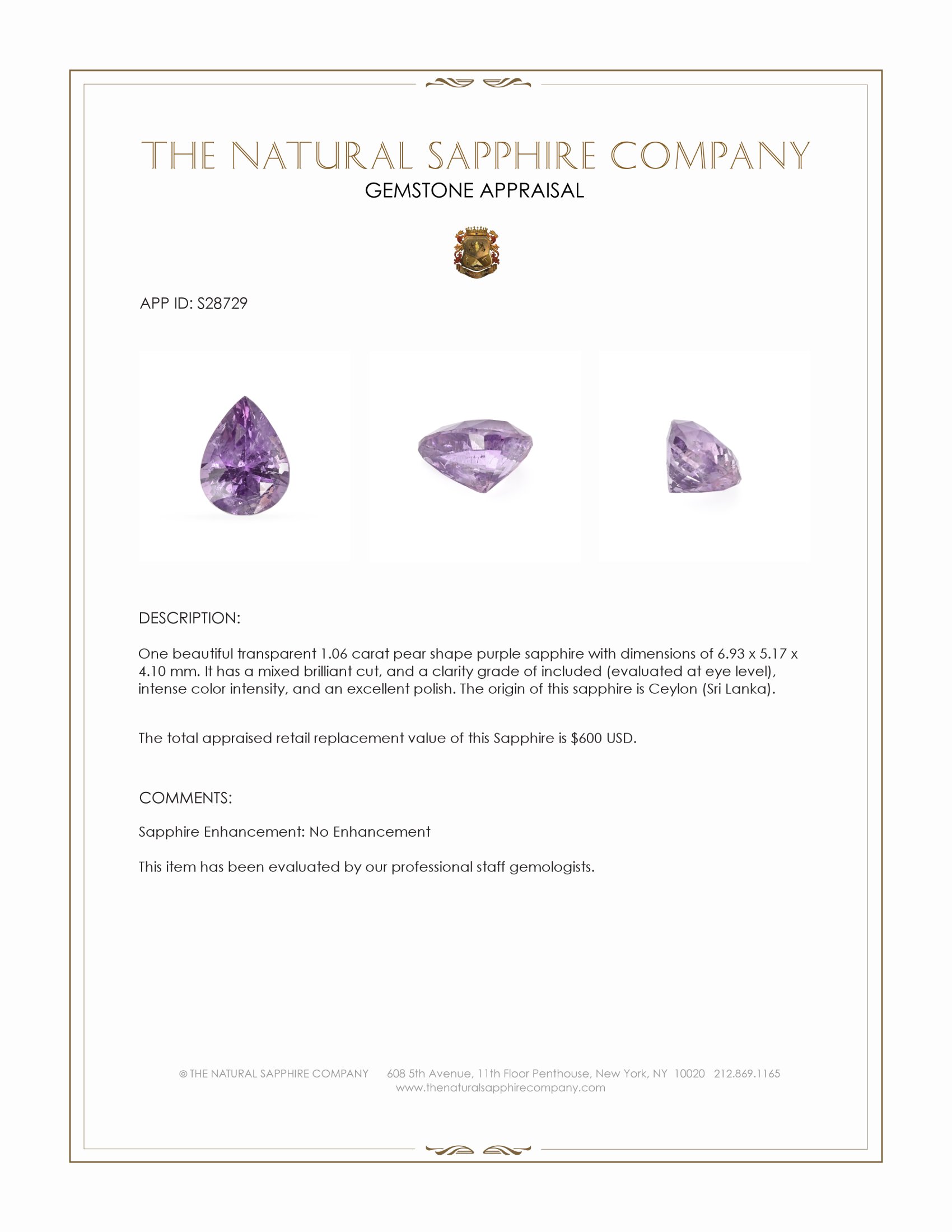 1.06 Ct. Purple Sapphire from Ceylon (Sri Lanka)