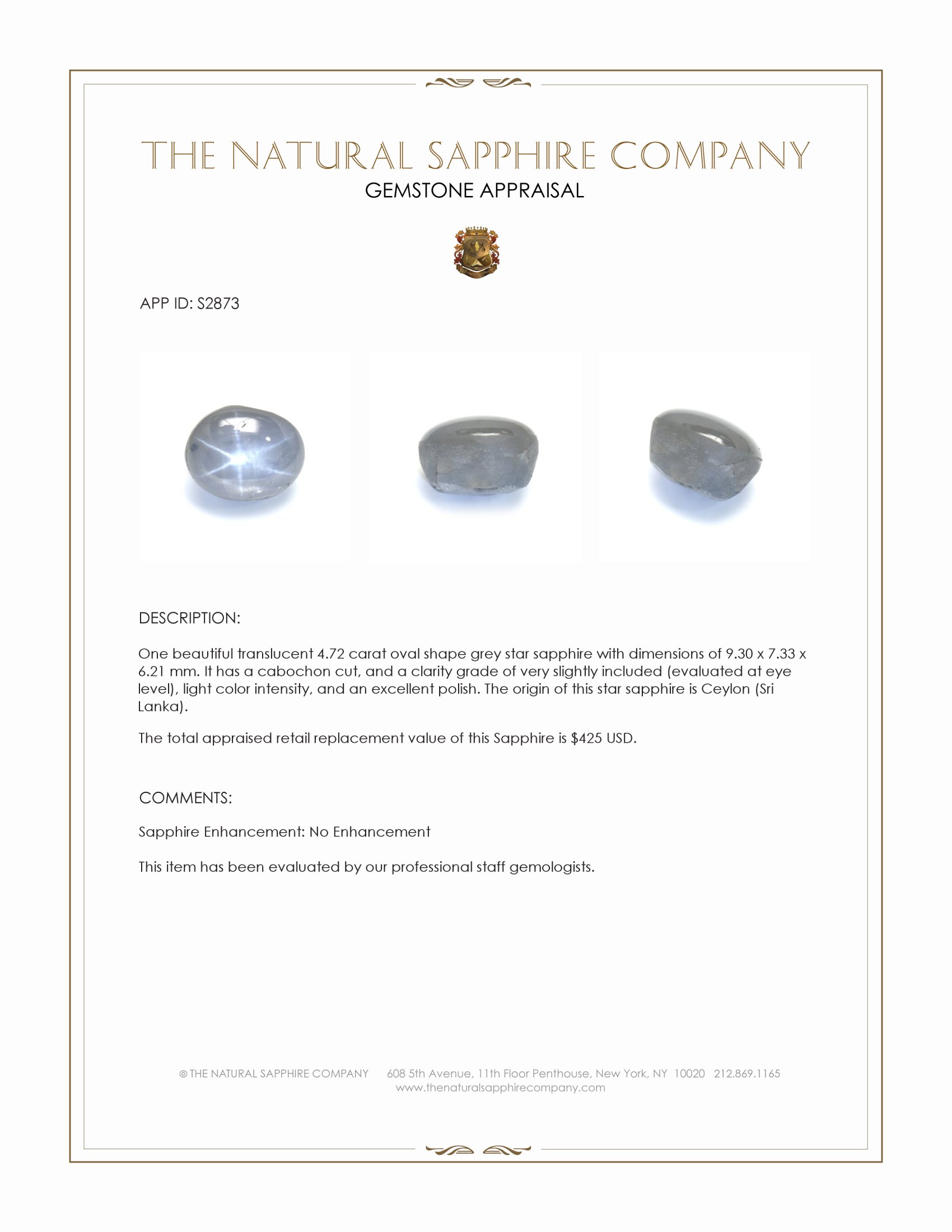 4.72 Ct. Grey Star Sapphire from Ceylon (Sri Lanka)