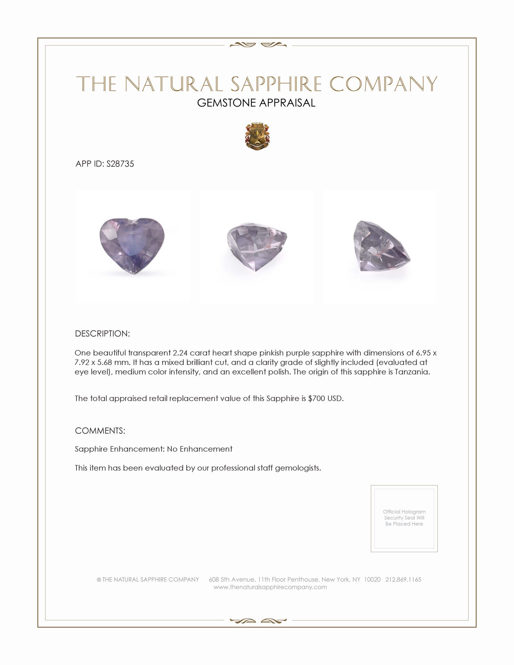 2.24 Ct. Pinkish Purple Sapphire from Tanzania