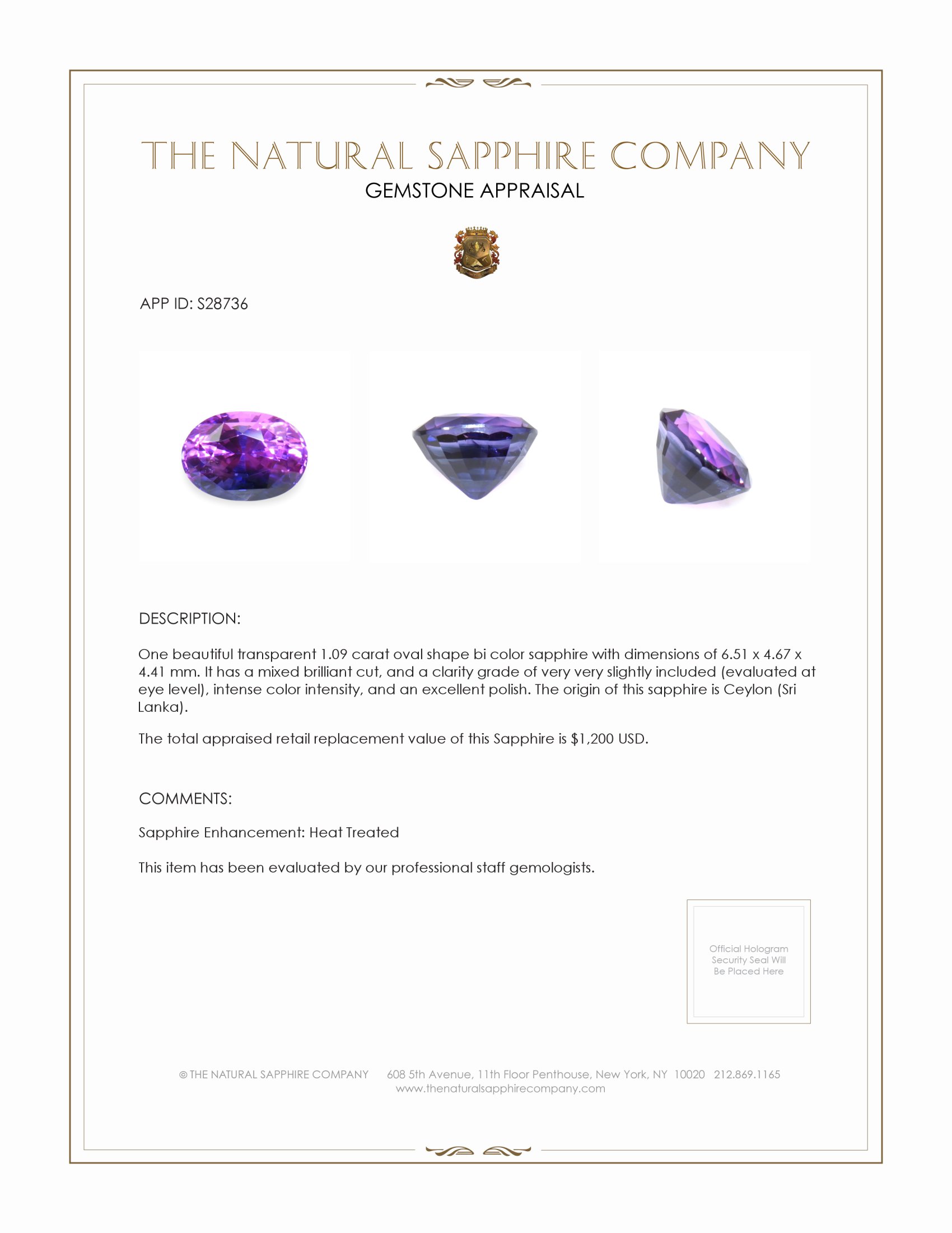 1.09 Ct. Bi Color Sapphire from Ceylon (Sri Lanka)