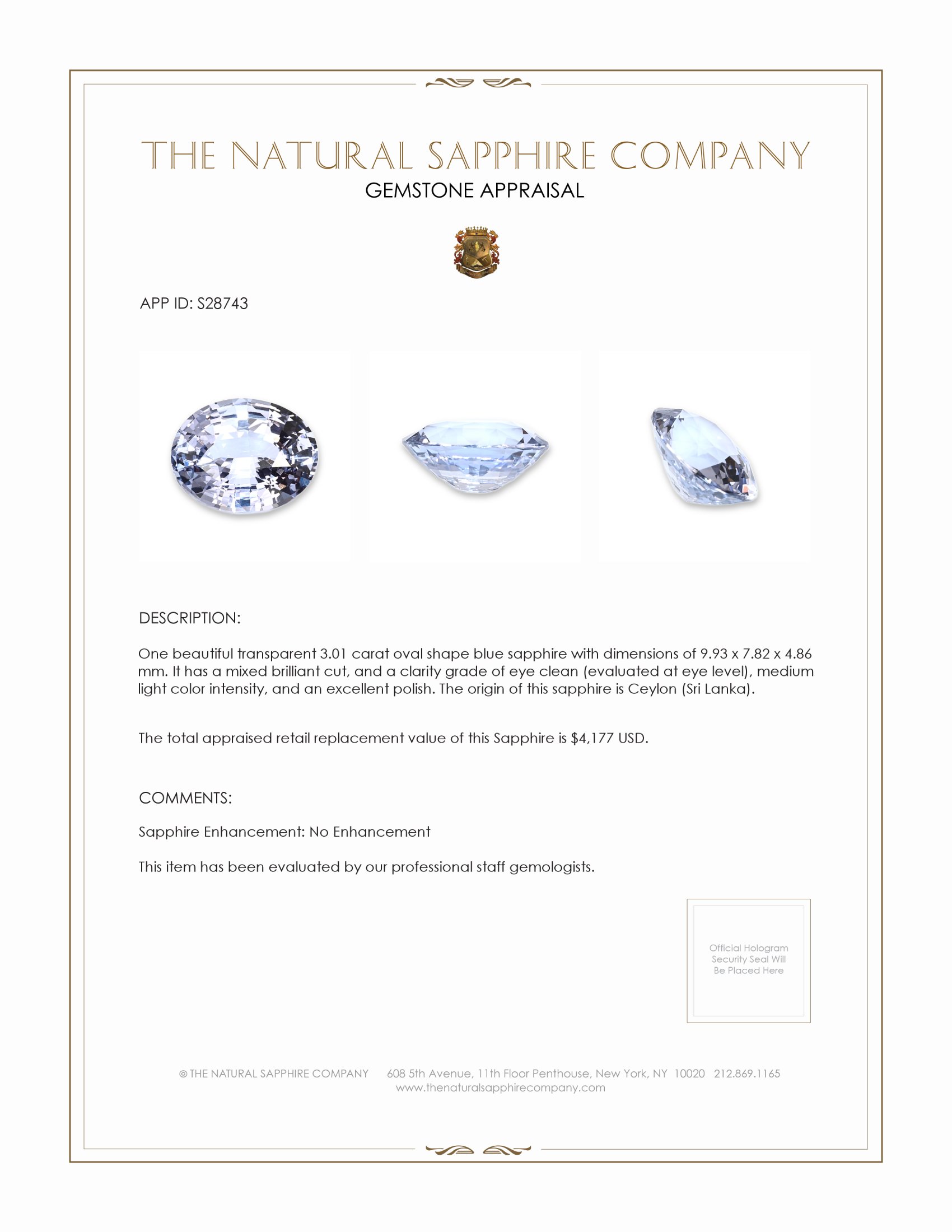 3.01 Ct. Blue Sapphire from Ceylon (Sri Lanka)
