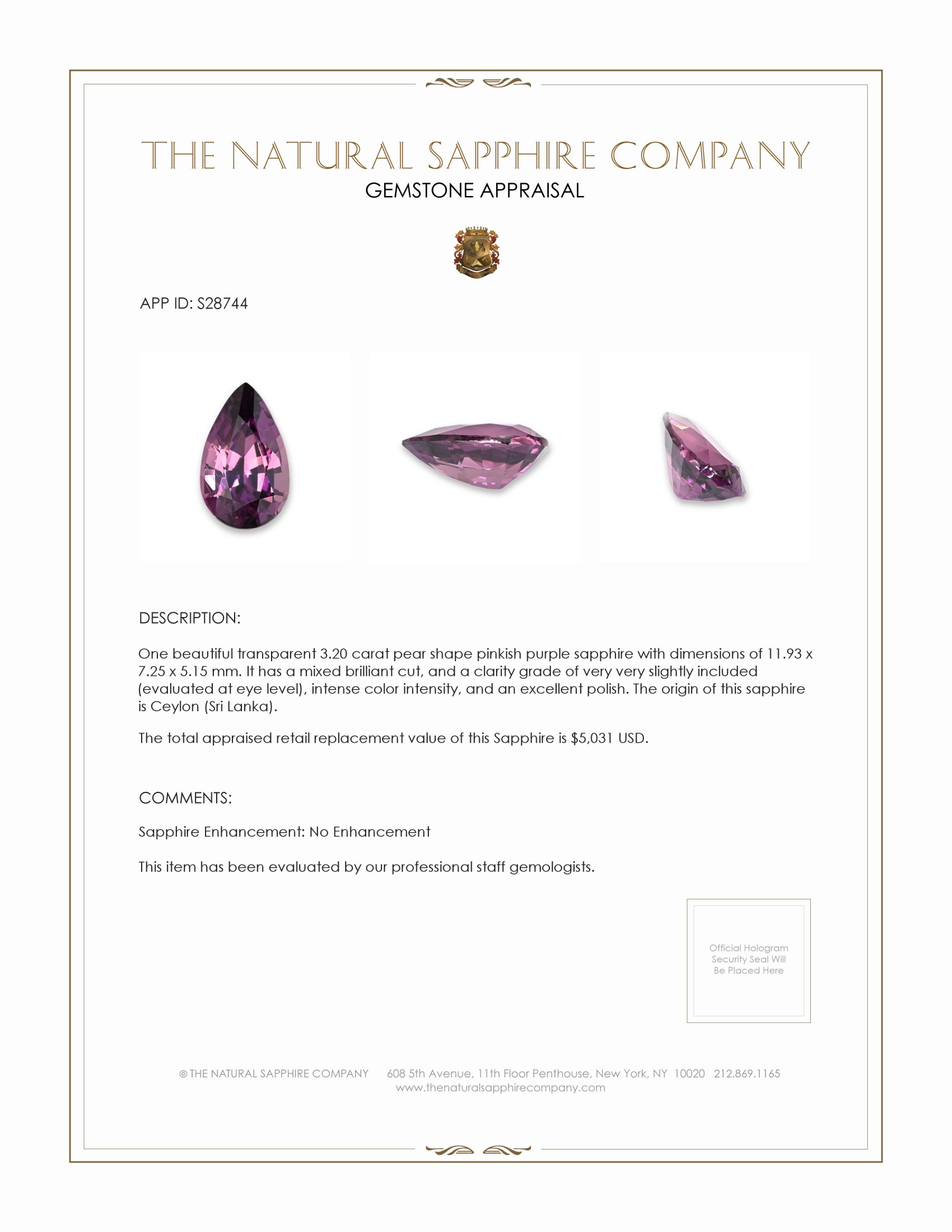3.20 Ct. Pinkish Purple Sapphire from Ceylon (Sri Lanka)