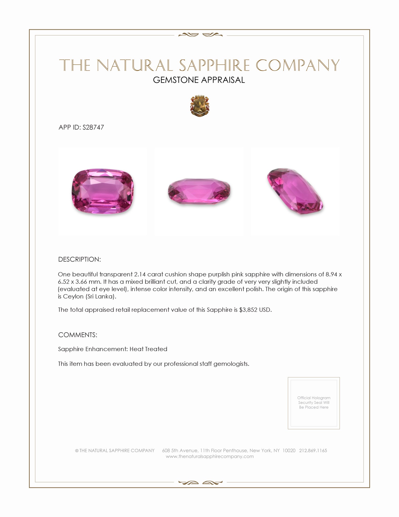 2.14 Ct. Purplish Pink Sapphire from Ceylon (Sri Lanka)