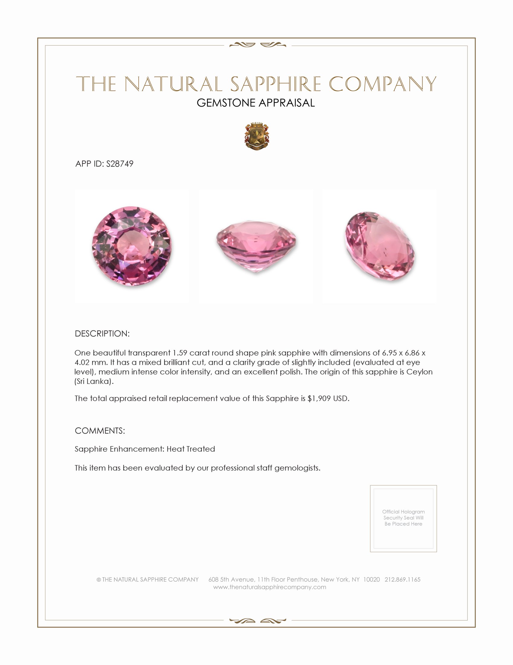 1.59 Ct. Pink Sapphire from Ceylon (Sri Lanka)