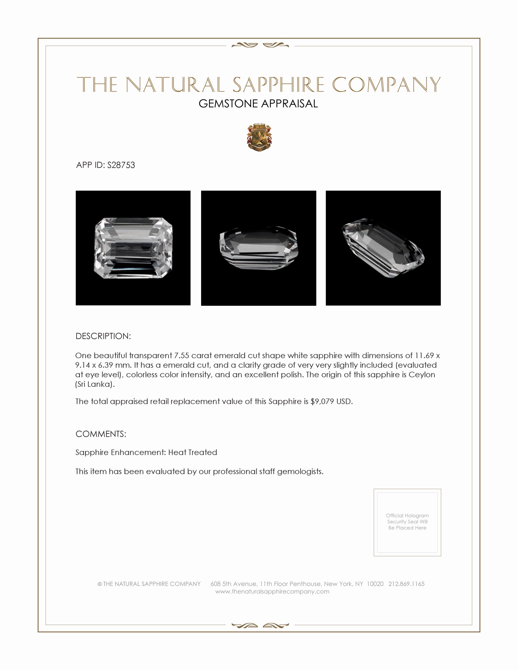 7.55 Ct. White Sapphire from Ceylon (Sri Lanka)