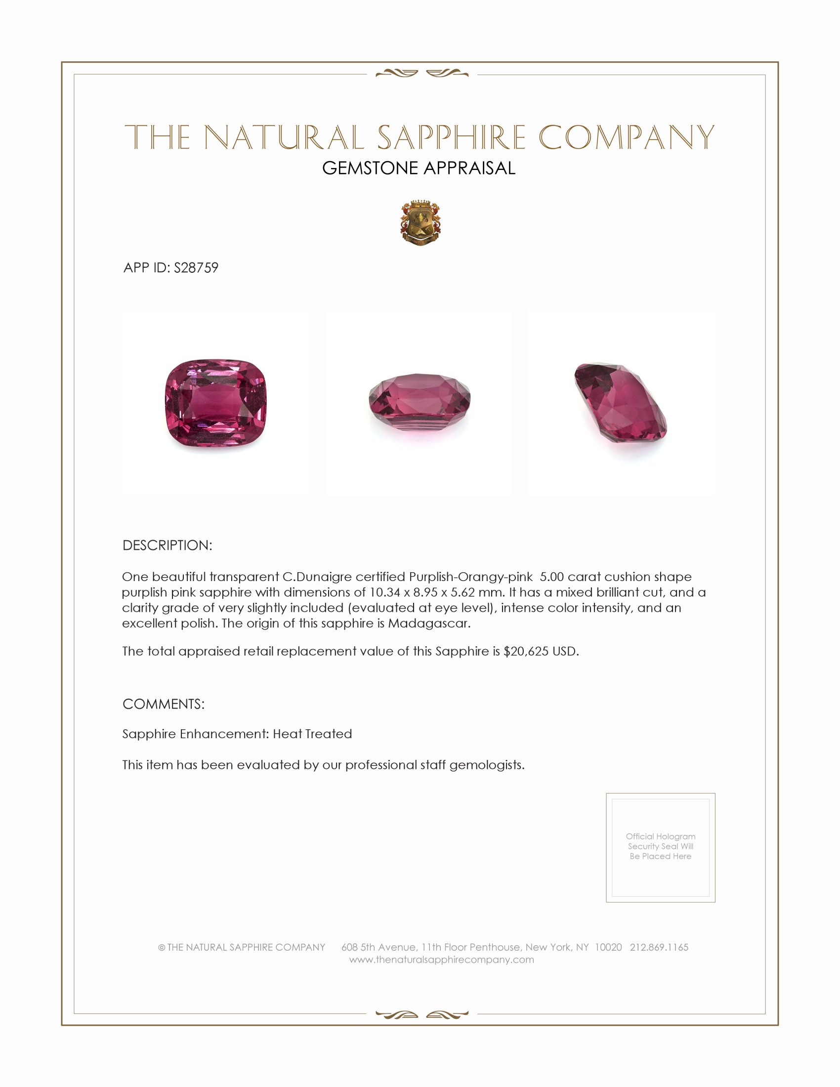 5.00 Ct. Purplish Pink Sapphire from Madagascar