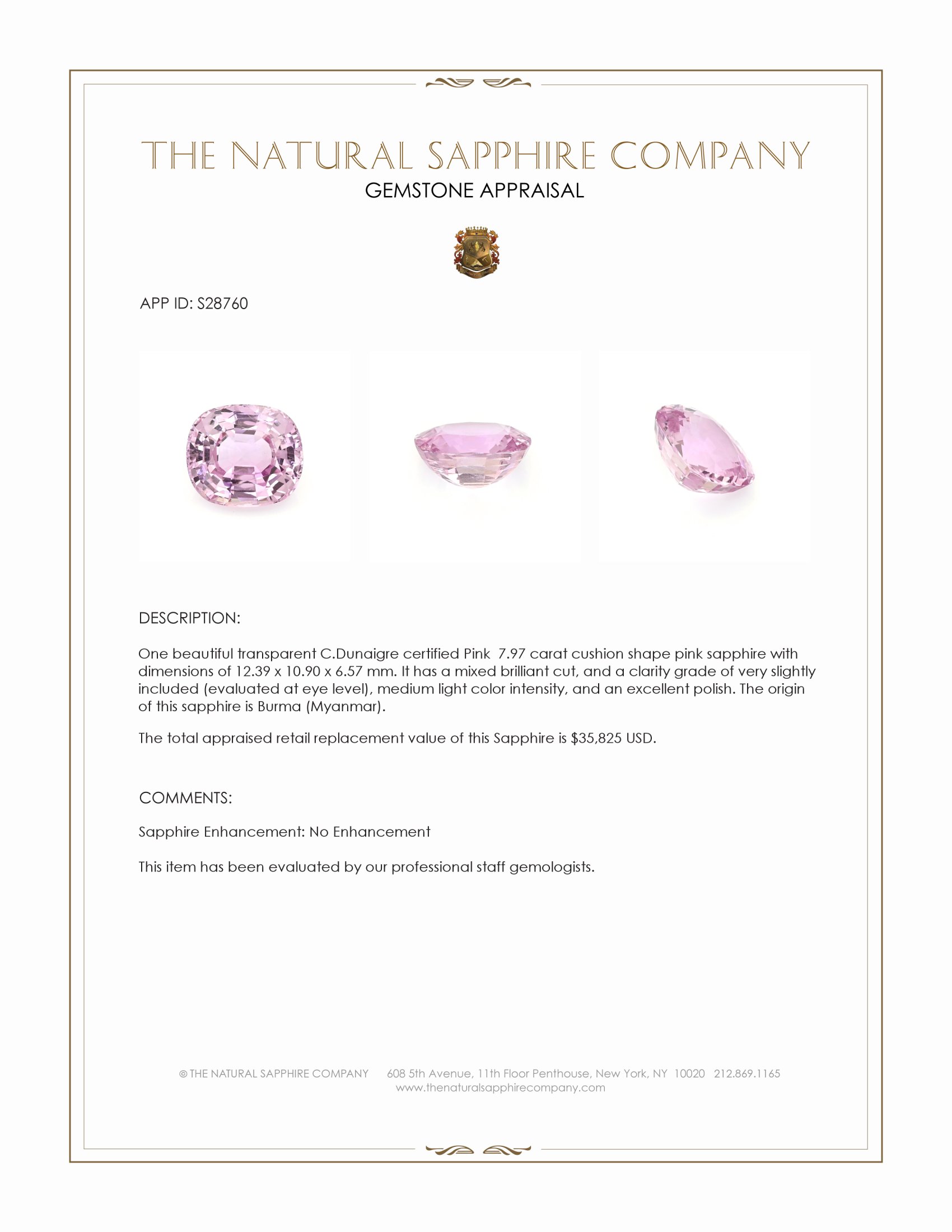 7.97 Ct. Pink Sapphire from Burma (Myanmar)